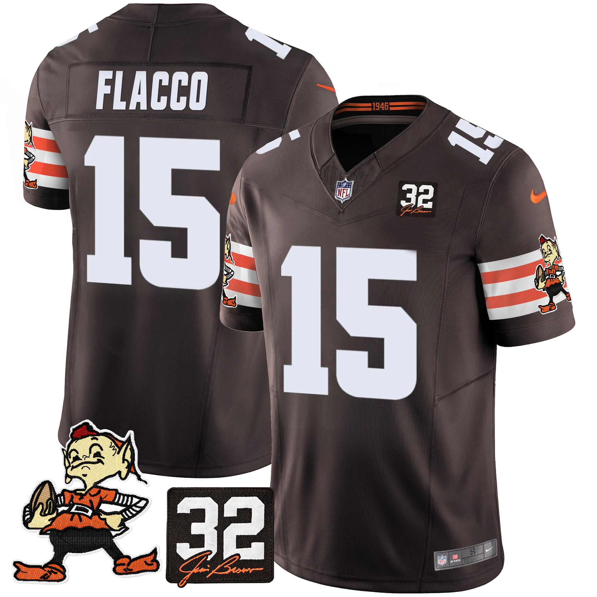 Men's Joe Flacco Cleveland Browns #32 Jim Brown Memorial Patch Vapor Limited Brown Jersey V2 - All Stitched
