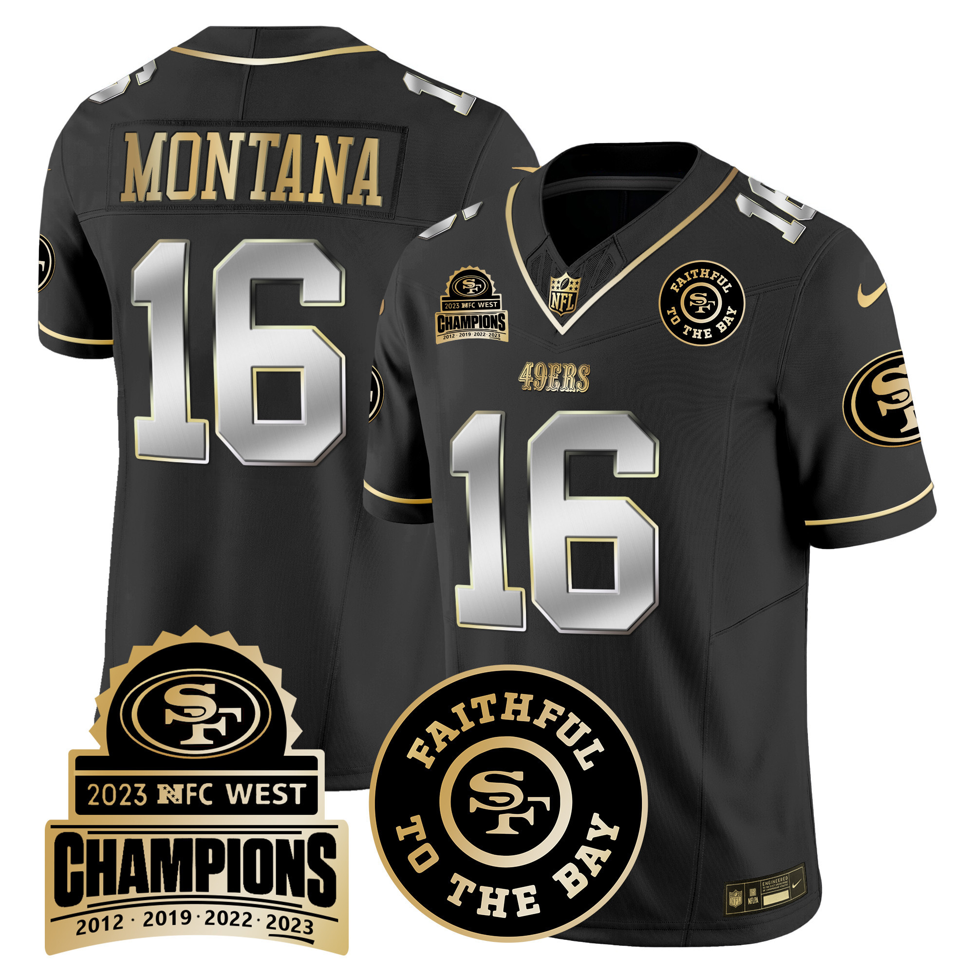 Men's Joe Montana San Francisco 49ers 2023 NFC West Champions Patch Vapor Black Limited Jersey V3 - All Stitched