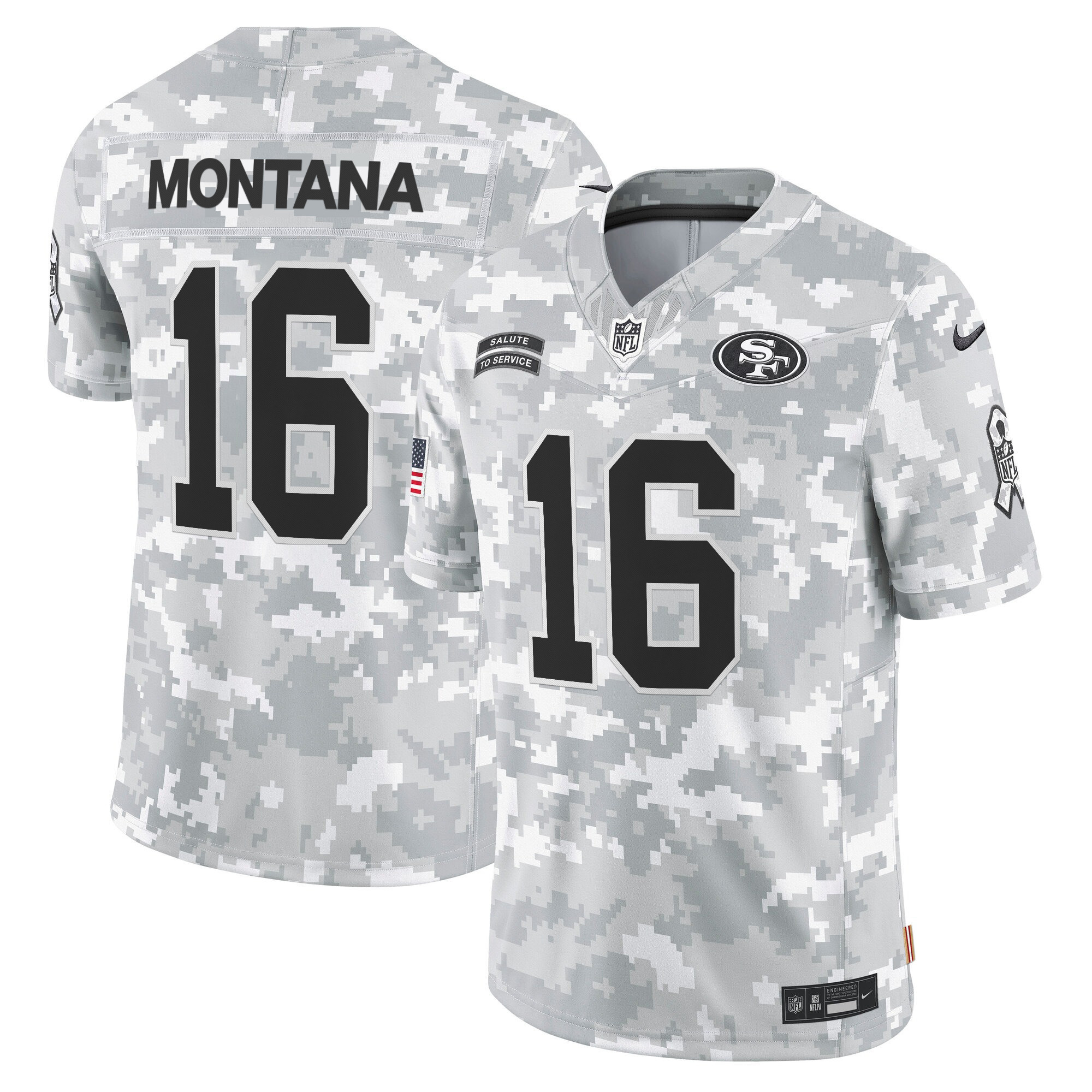 Men's Joe Montana San Francisco 49ers 2024 Salute to Service Vapor Limited Arctic Camo Jersey - All stitched