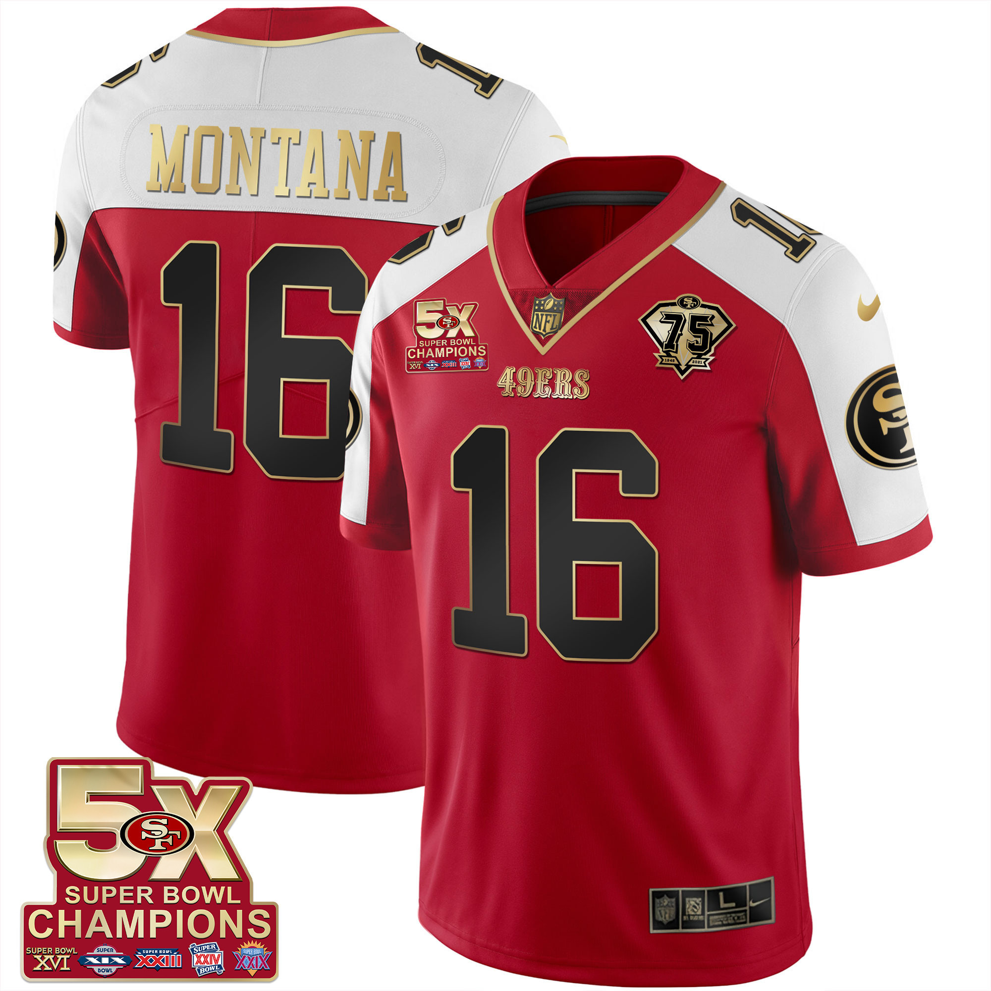 Men's Joe Montana San Francisco 49ers 5x Super Bowl Patch Black Red Vapor Red Alternate Jersey - Stitched
