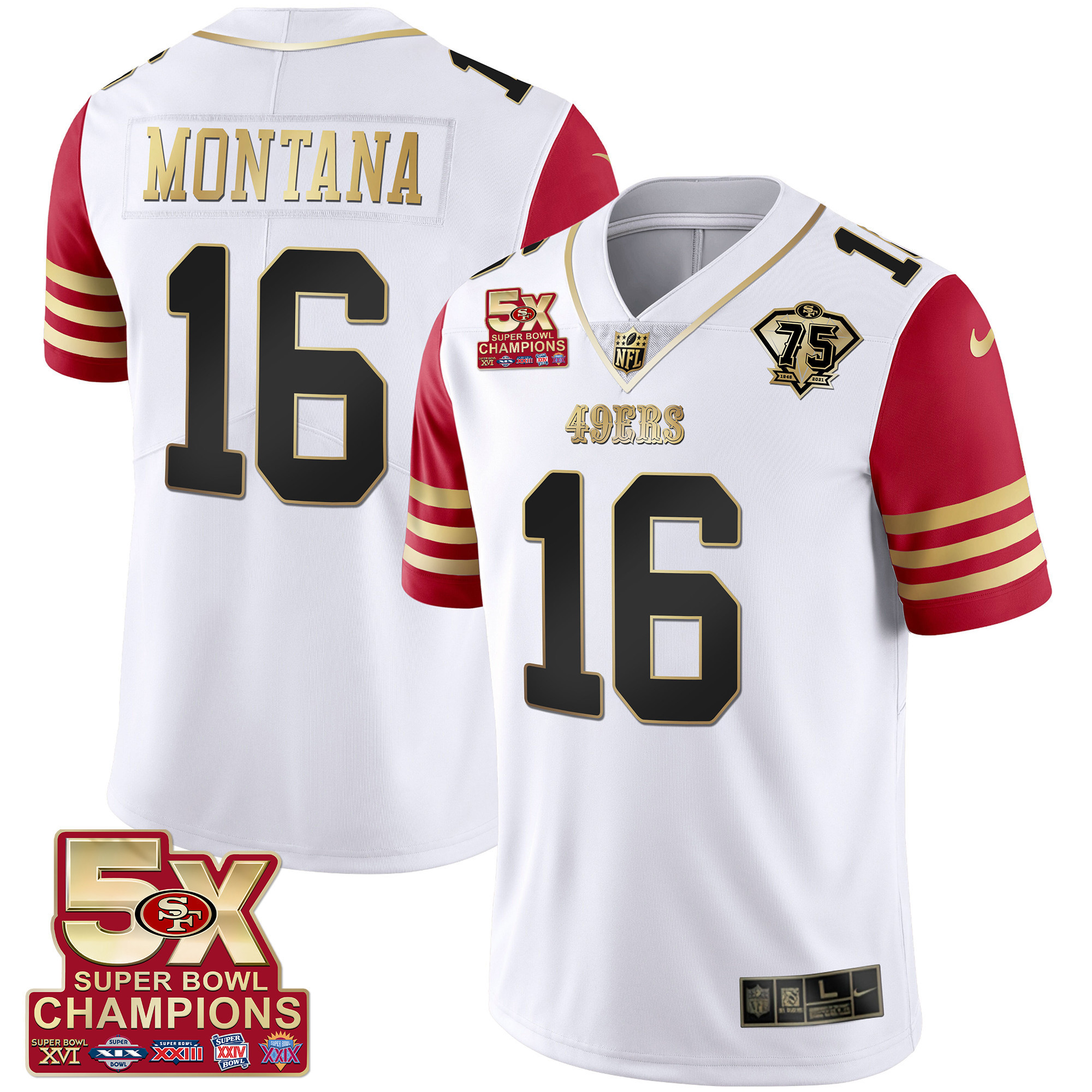 Men's Joe Montana San Francisco 49ers 5x Super Bowl Patch Black Red Vapor Red Sleeve Jersey - Stitched