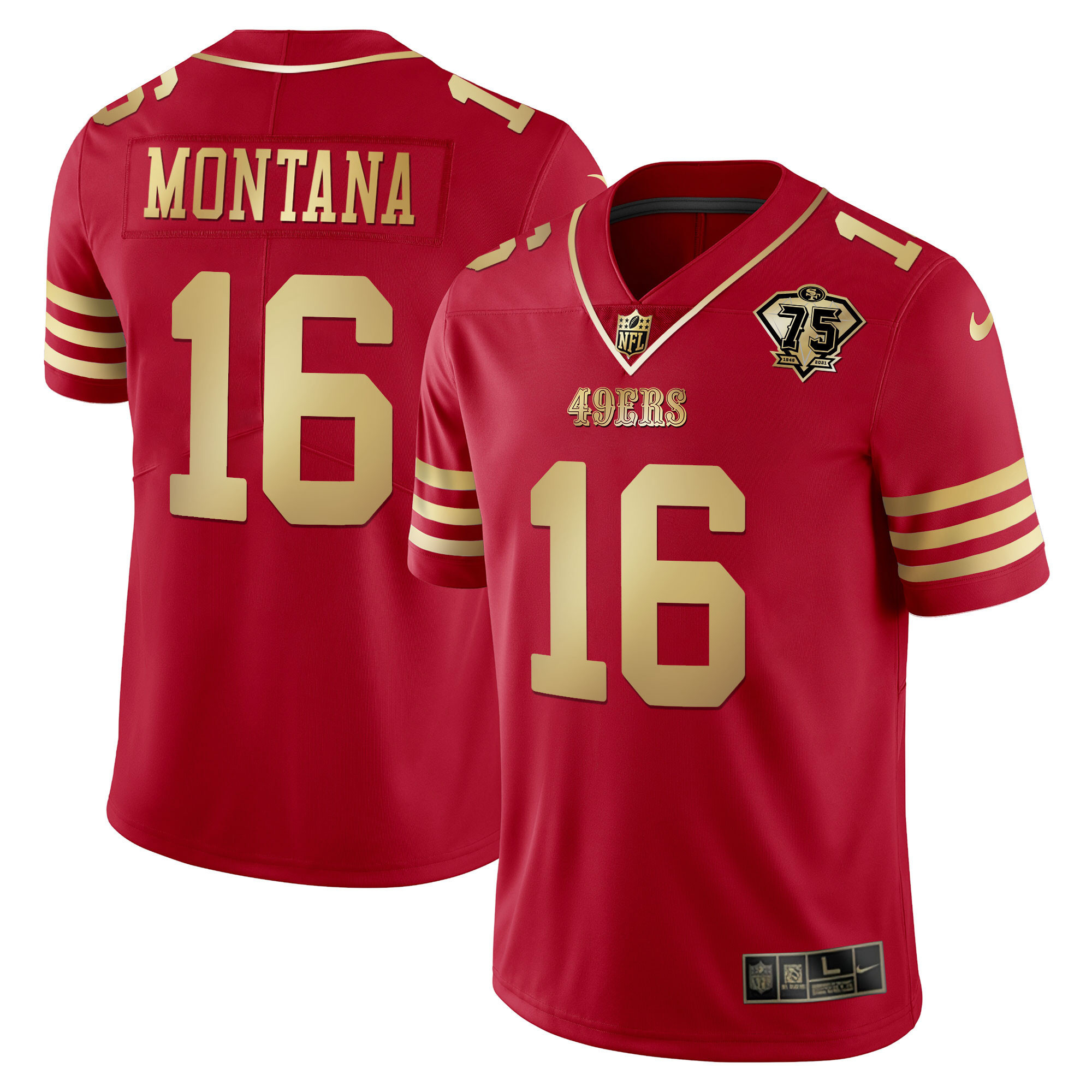 Men's Joe Montana San Francisco 49ers 75th Anniversary Patch Red Gold Jersey - All Stitched