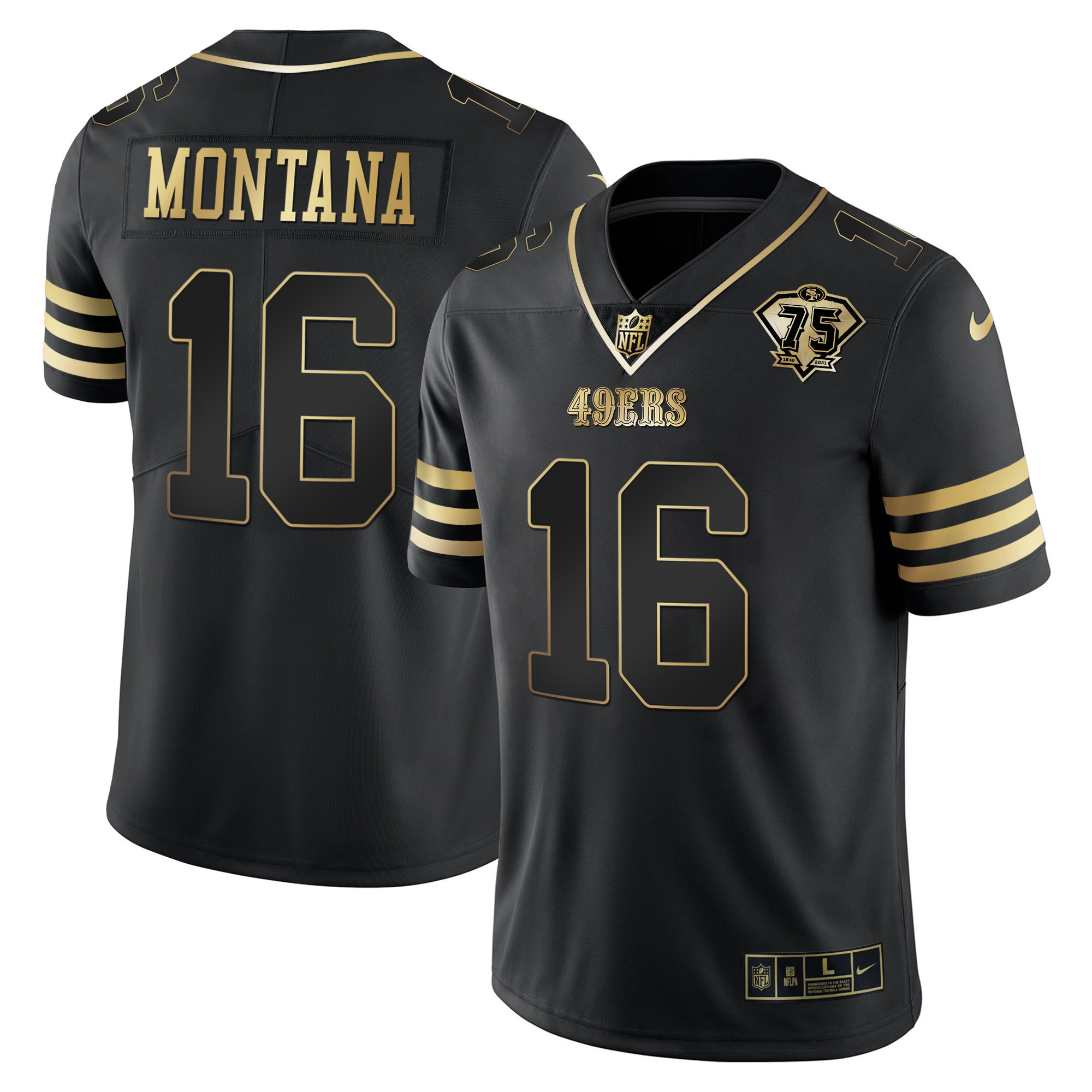 Men's Joe Montana San Francisco 49ers 75th Anniversary Patch Vapor Gold Black Gold Jersey - All Stitched