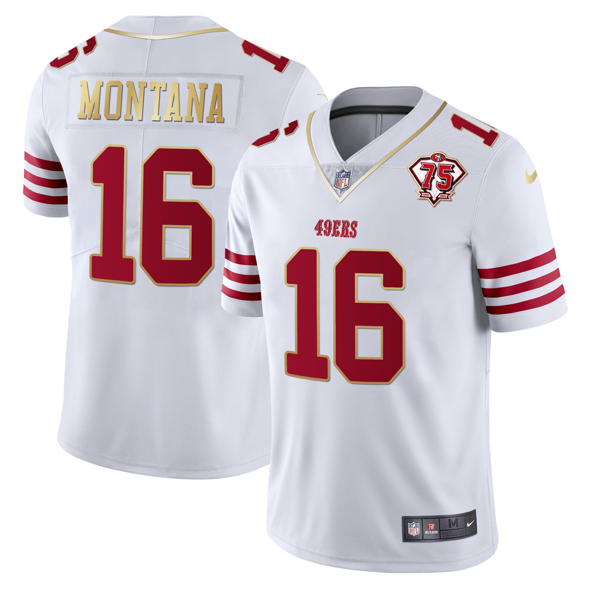 Men's Joe Montana San Francisco 49ers 75th Anniversary Patch Vapor Gold Trim White Gold Jersey - All Stitched