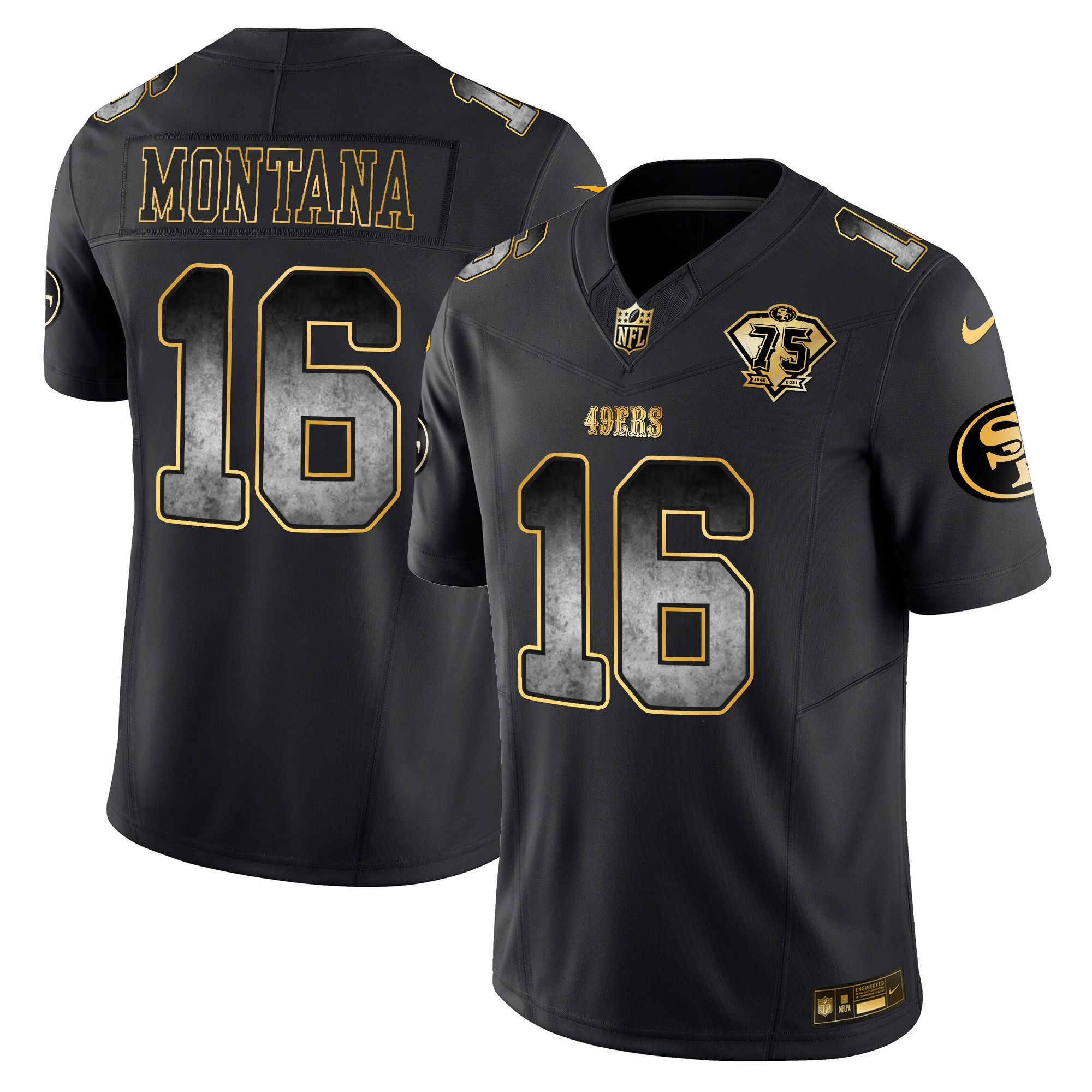 Men's Joe Montana San Francisco 49ers Arch Smoke Vapor Black Gold Jersey - All Stitched