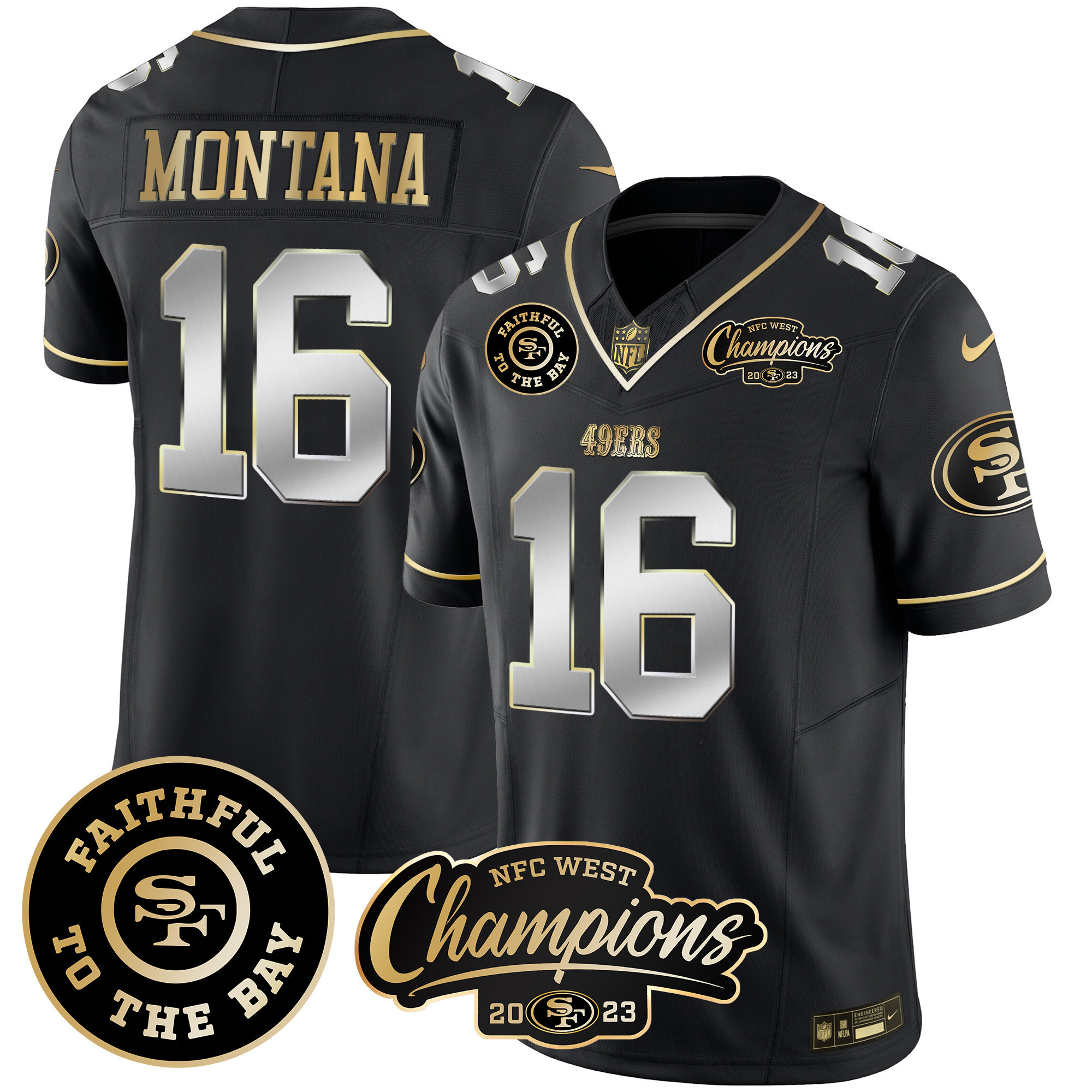 Men's Joe Montana San Francisco 49ers Faithful & 2023 NFC West Champions Patch Vapor Black Limited Jersey - All Stitched