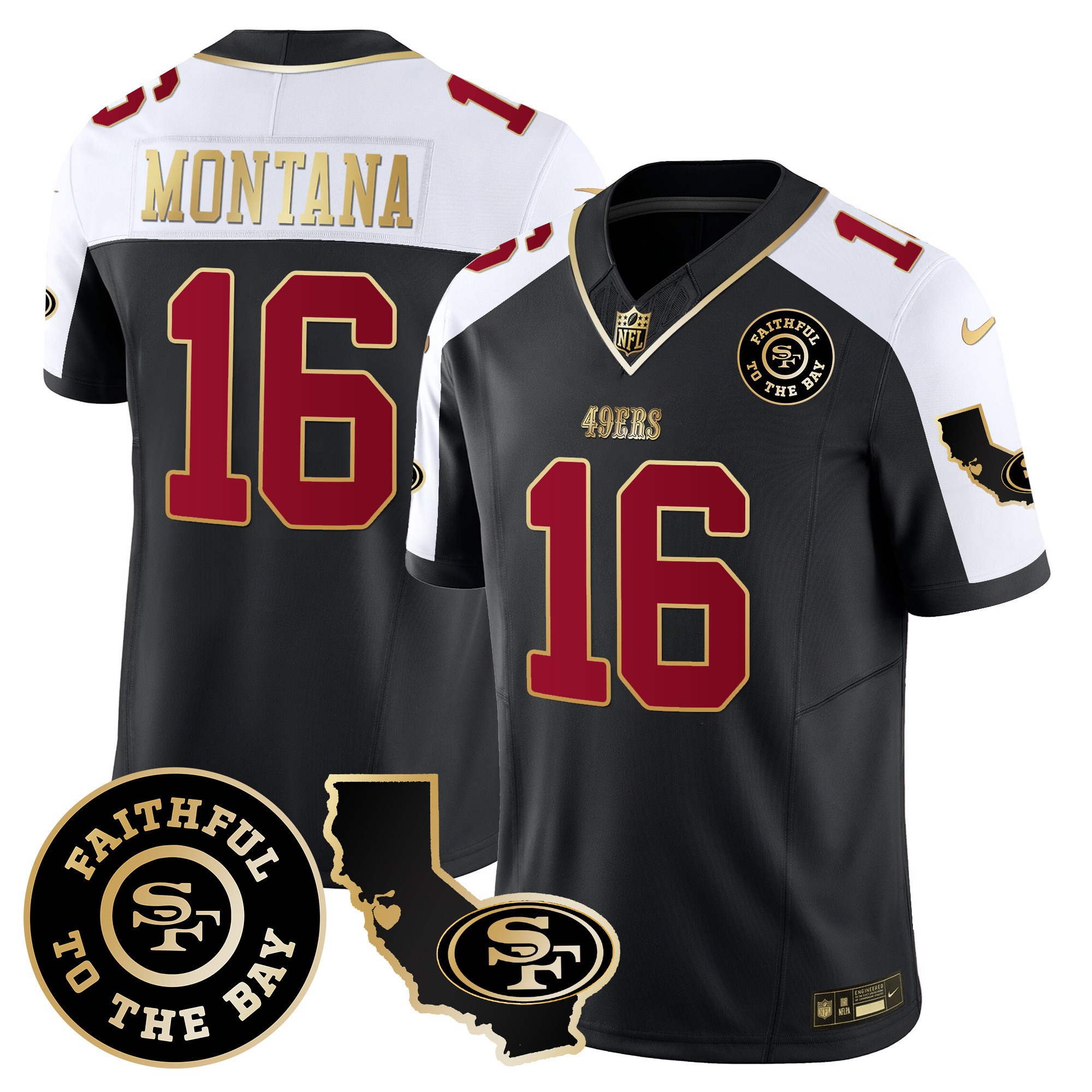 Men's Joe Montana San Francisco 49ers Faithful & California Patch Vapor Black Alternate Jersey - All Stitched