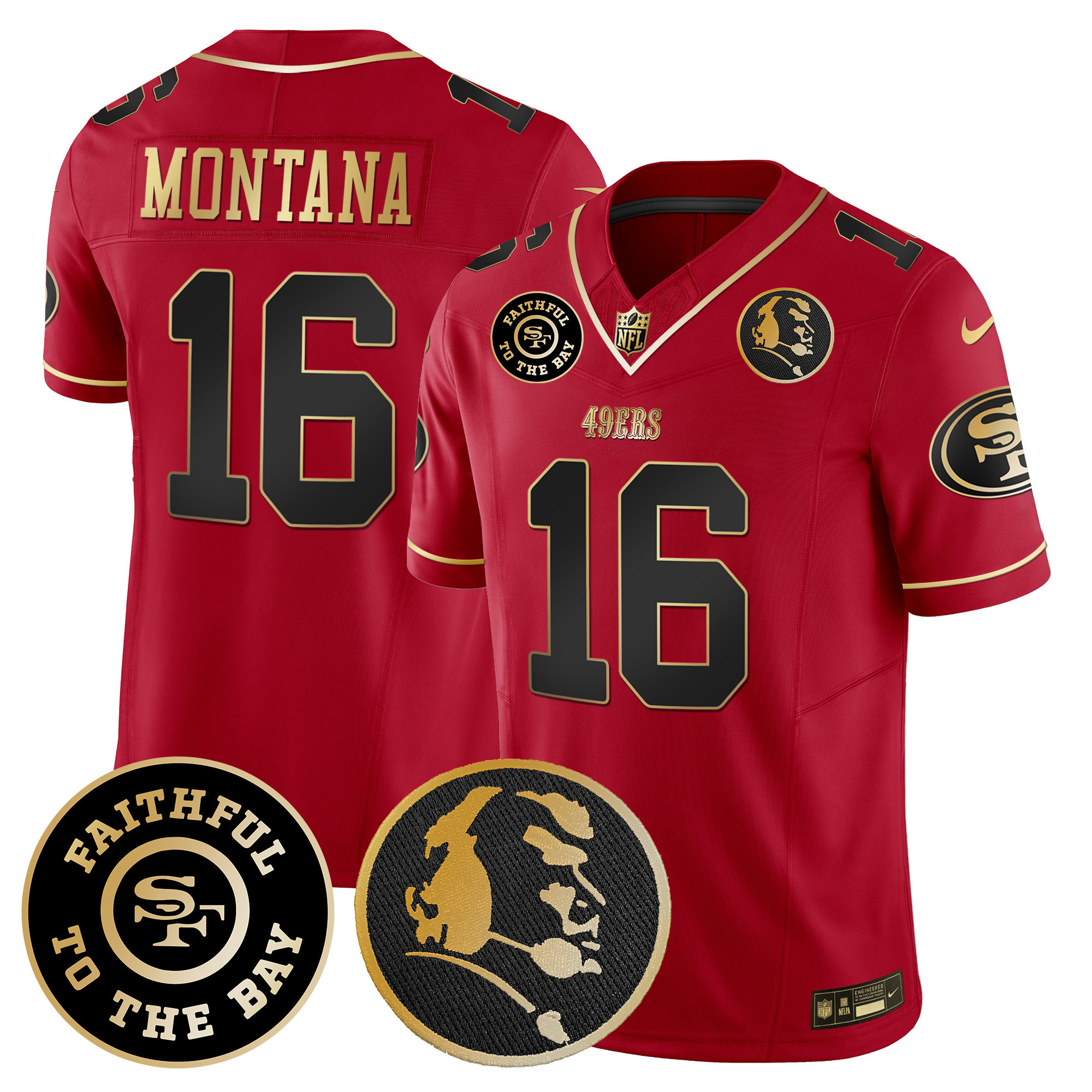 Men's Joe Montana San Francisco 49ers Faithful & John Madden Patch Vapor Scarlet Limited Jersey - All Stitched
