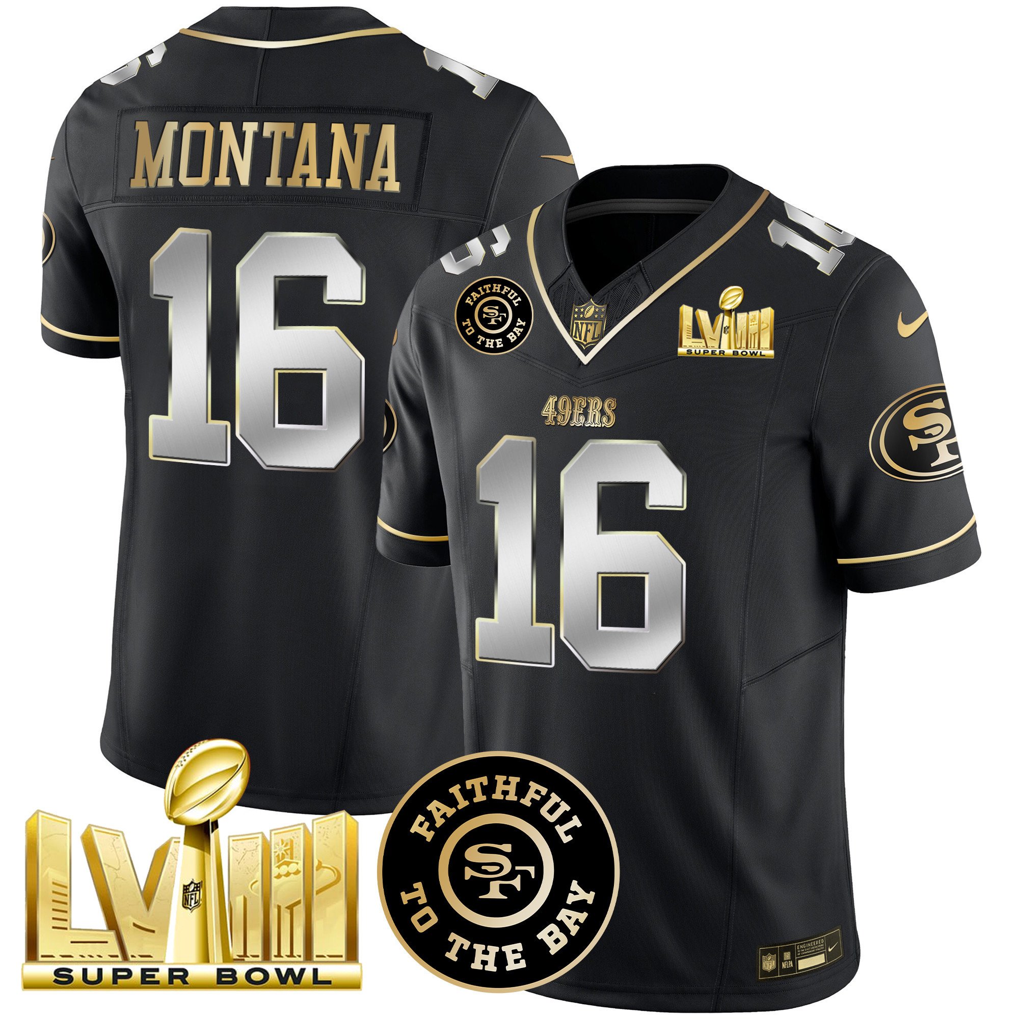 Men's Joe Montana San Francisco 49ers Faithful & Super Bowl LVIII Gold Patch Vapor Black Limited Jersey - All Stitched