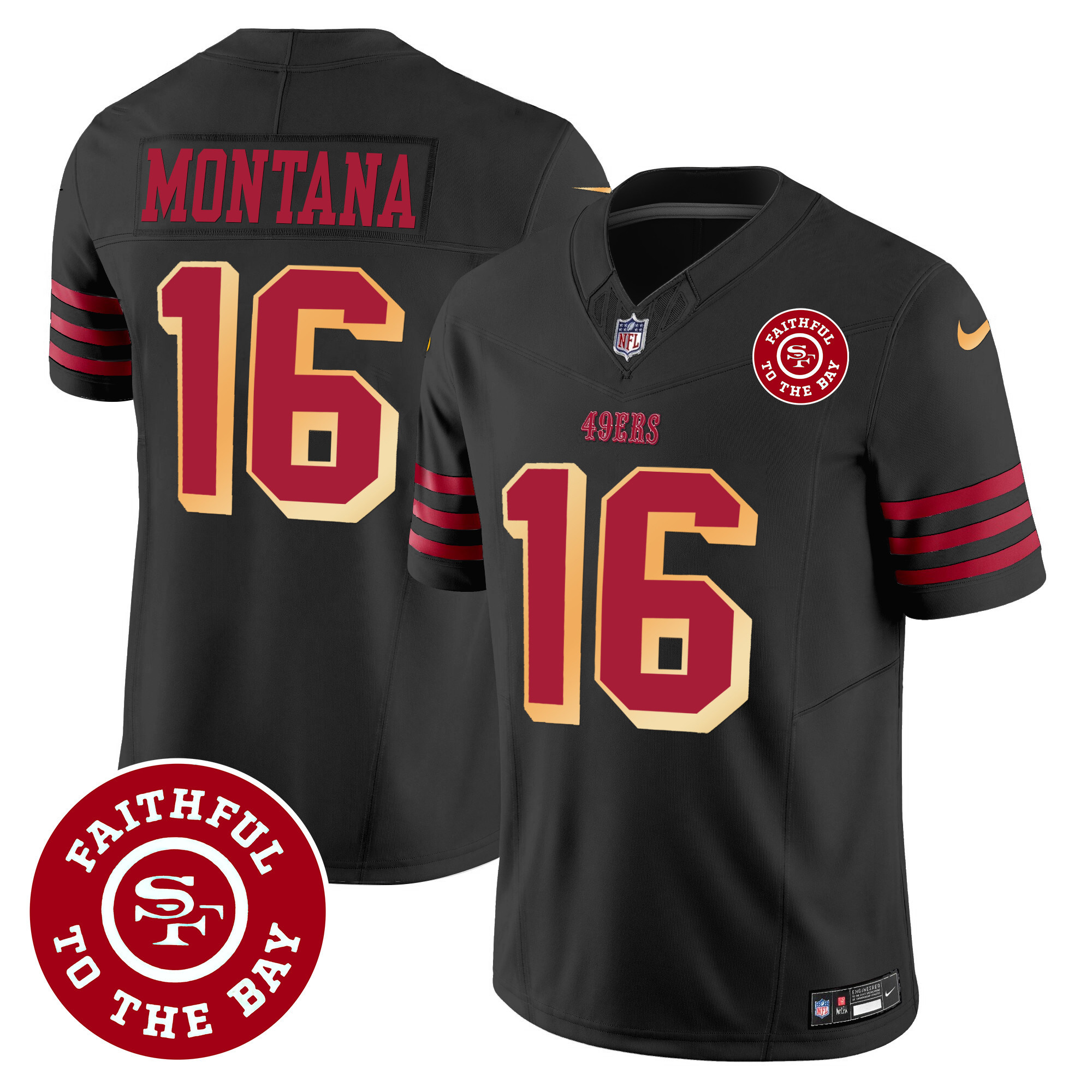 Men's Joe Montana San Francisco 49ers Faithful To The Bay Patch Vapor Black Jersey V2 - All Stitched