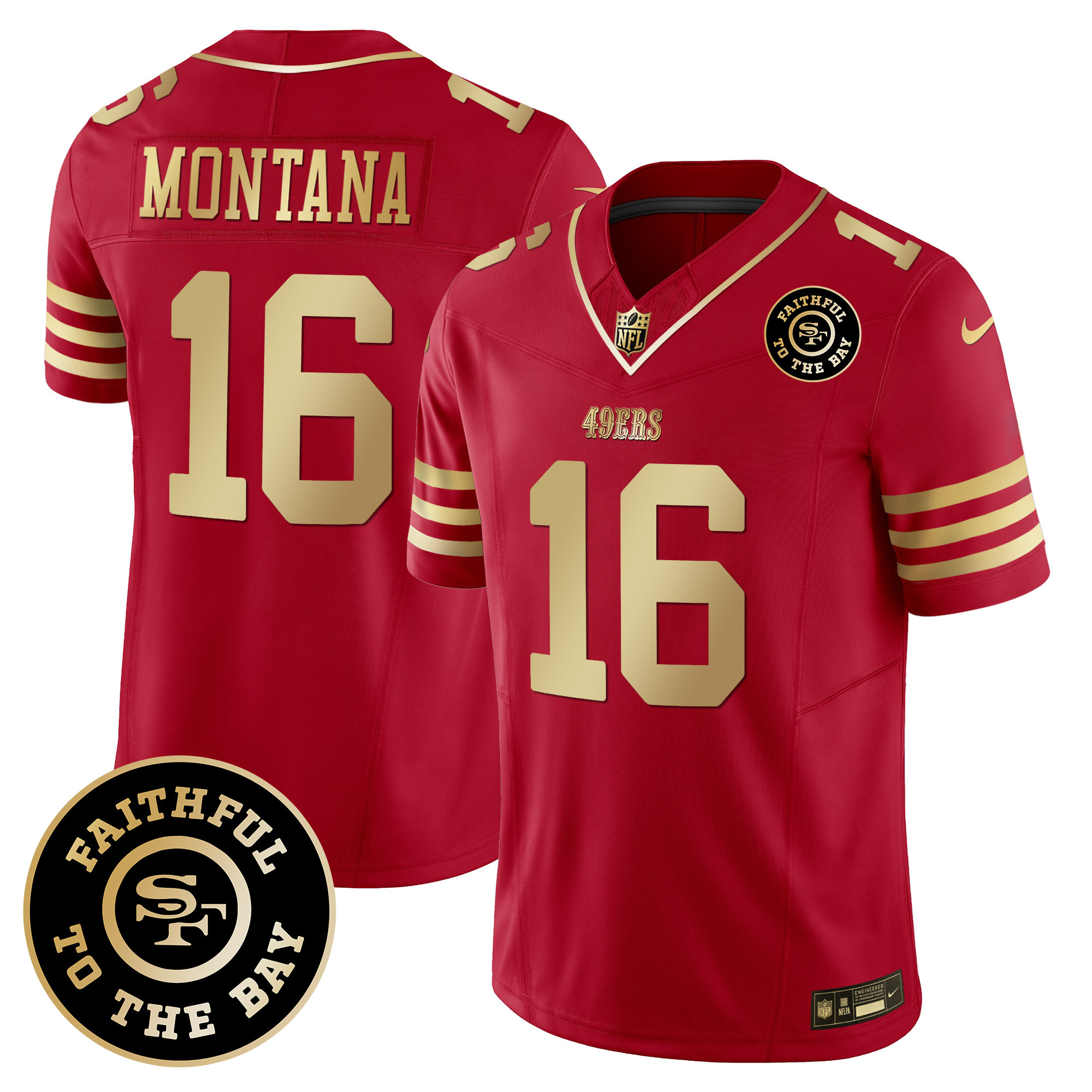 Men's Joe Montana San Francisco 49ers Faithful To The Bay Patch Vapor Limited Scarlet Gold Jersey - All Stitched