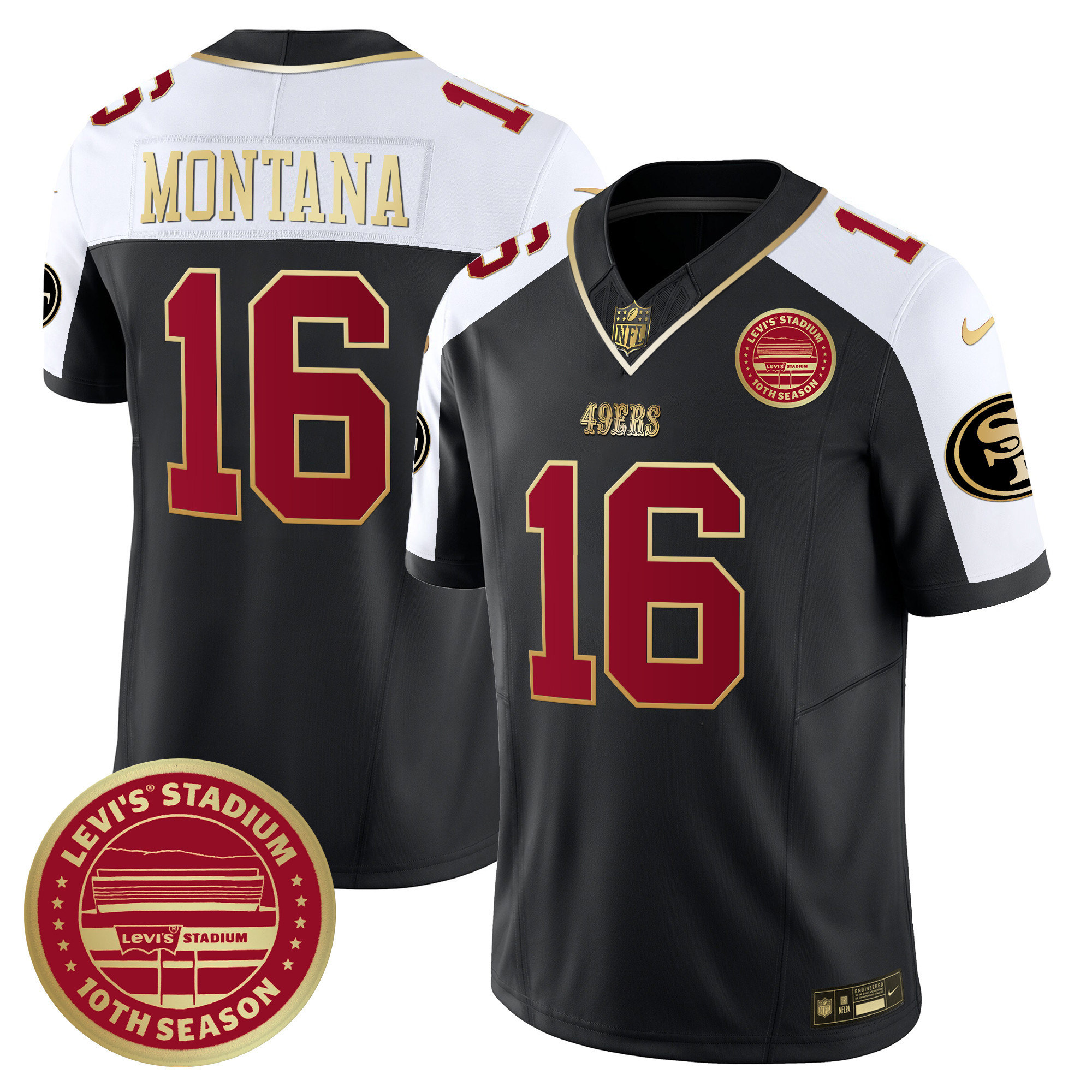 Men's Joe Montana San Francisco 49ers Levi's Stadium 10th Season Patch Vapor Limited Black Alternate Jersey - All Stitched
