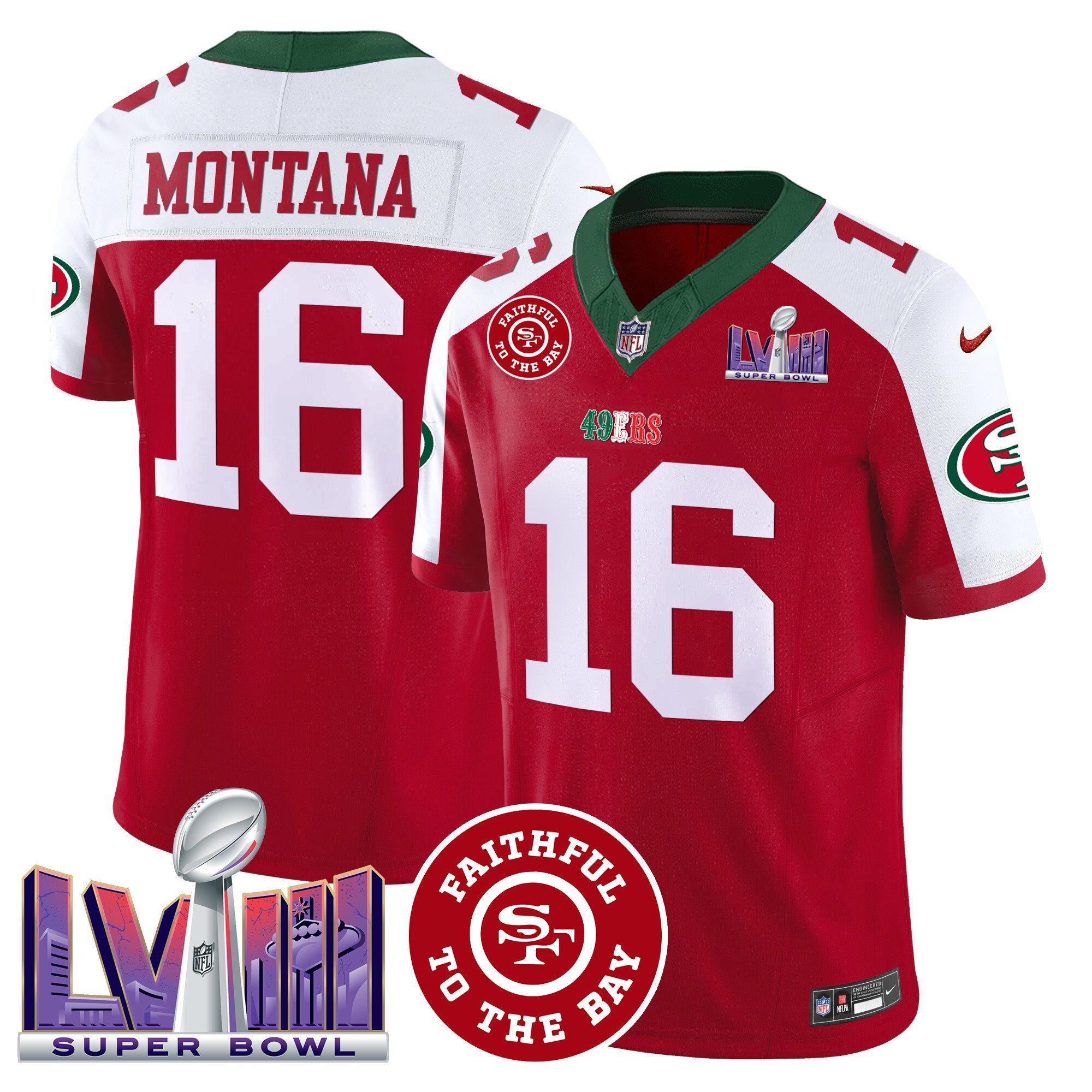 Men's Joe Montana San Francisco 49ers Mexico Faithful & Super Bowl LVIII Patch Vapor Red Alternate Jersey - All Stitched