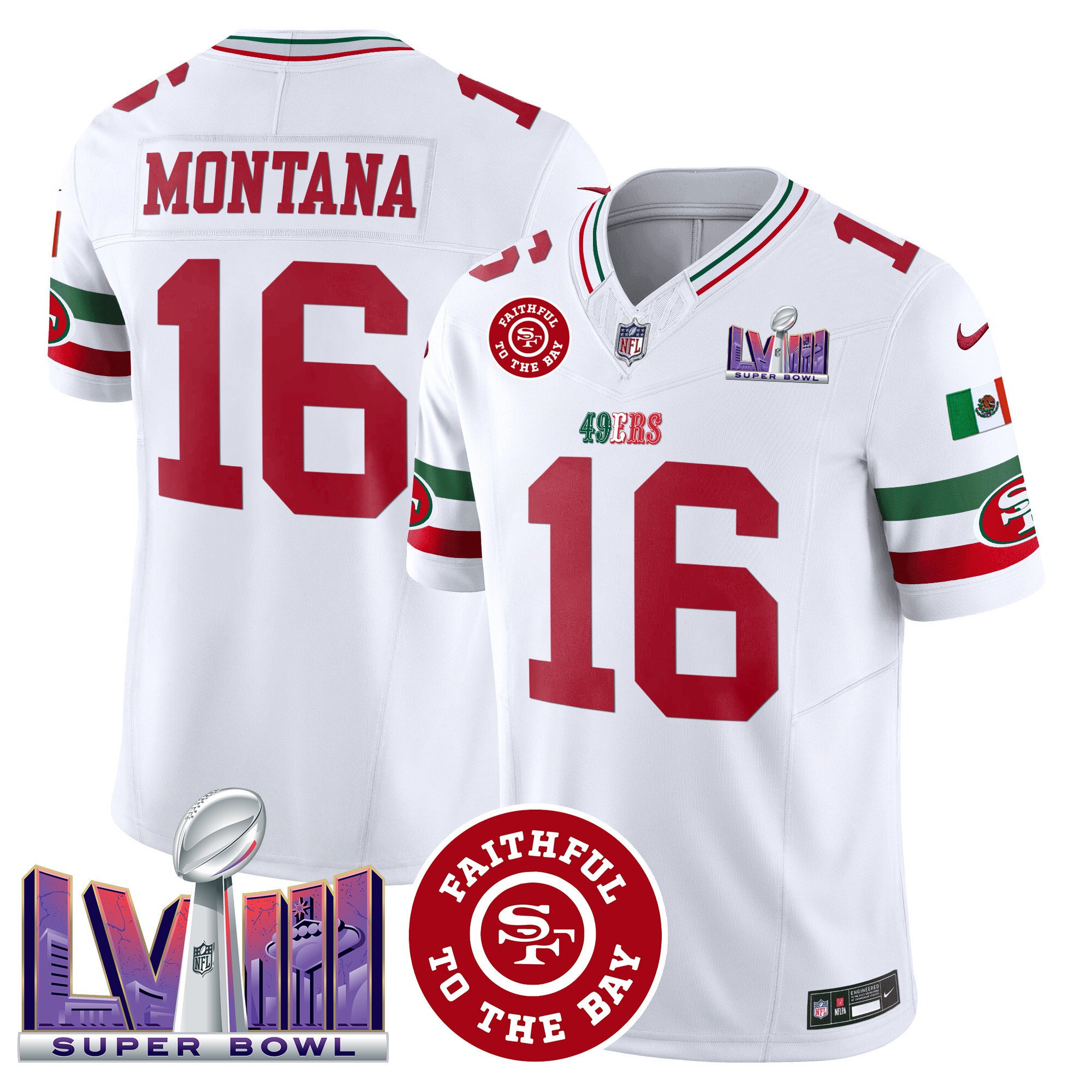 Men's Joe Montana San Francisco 49ers Mexico Faithful & Super Bowl LVIII Patch Vapor White Jersey - All Stitched