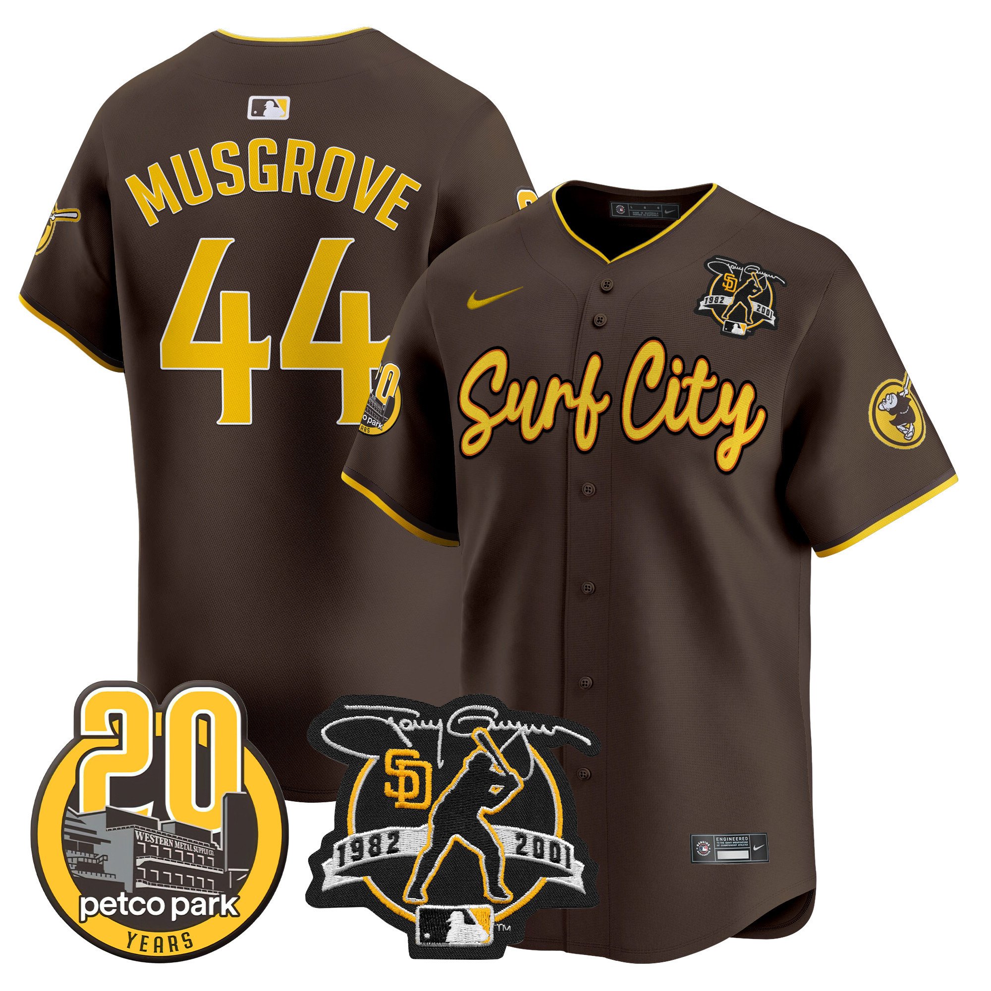 Men's Joe Musgrove San Diego Padres Tony Gwynn & Petco Park 20th Patch Vapor Premier Limited Brown Jersey V3 Ã± All Stitched