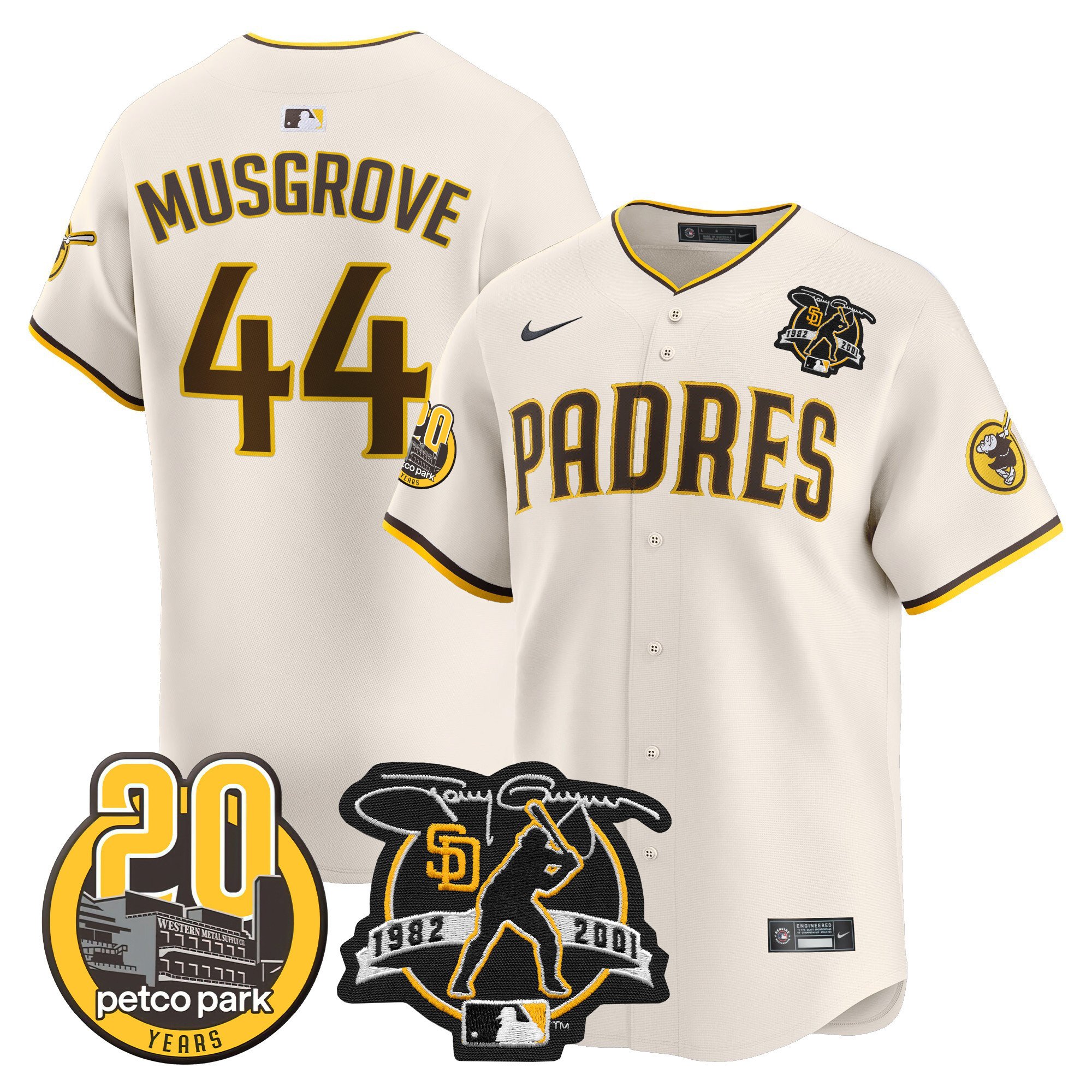 Men's Joe Musgrove San Diego Padres Tony Gwynn & Petco Park 20th Patch Vapor Premier Limited Cream Jersey V2 Ã± All Stitched