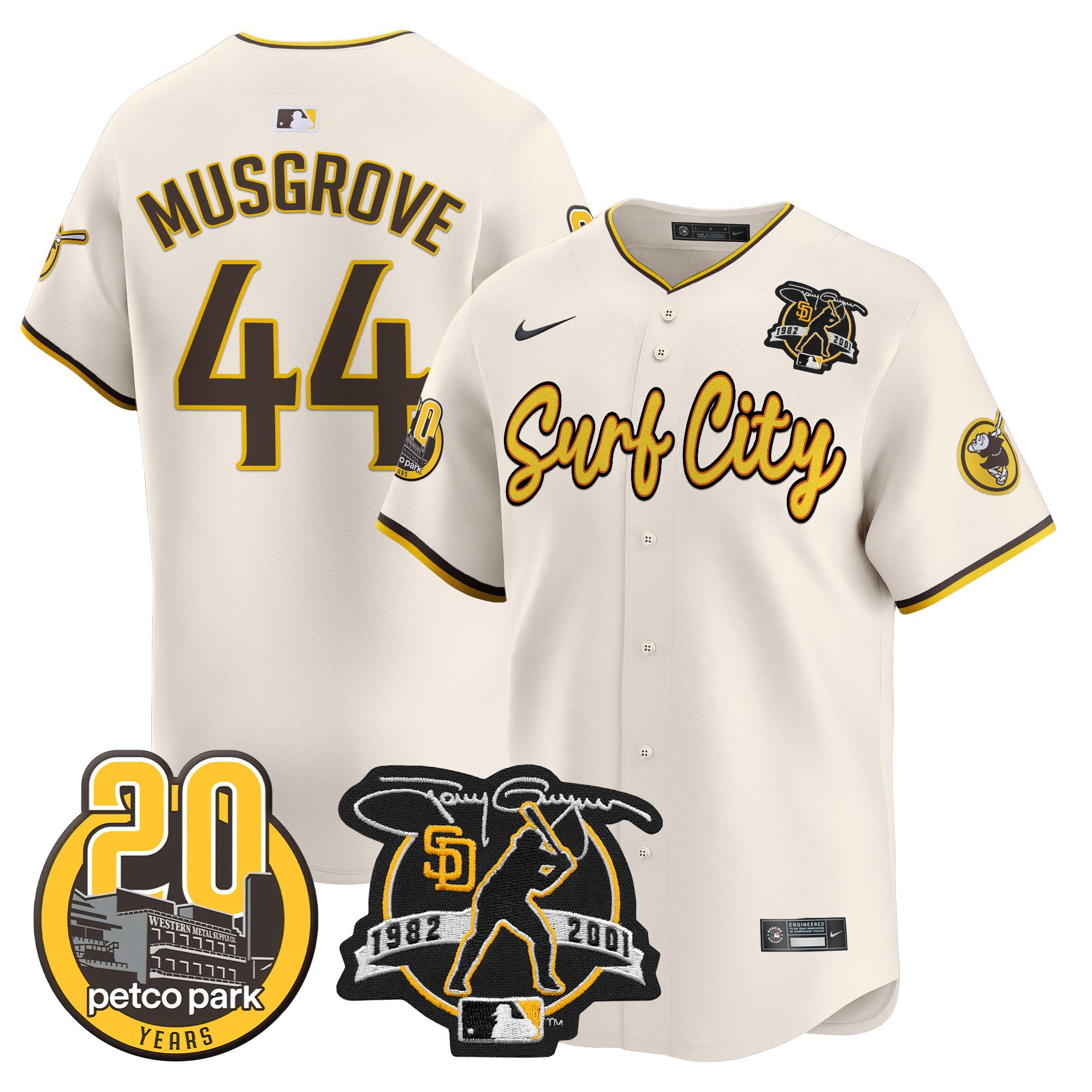 Men's Joe Musgrove San Diego Padres Tony Gwynn & Petco Park 20th Patch Vapor Premier Limited Cream Jersey V3 Ã± All Stitched