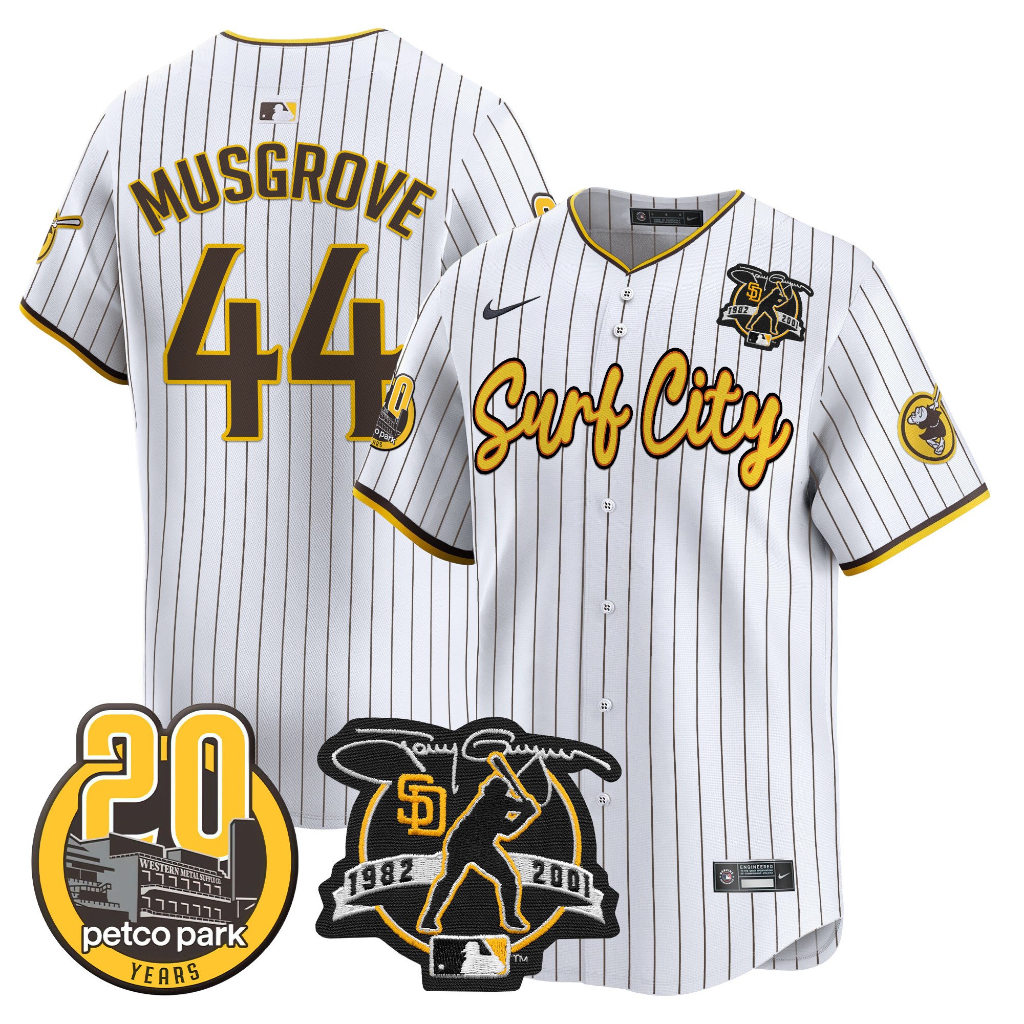 Men's Joe Musgrove San Diego Padres Tony Gwynn & Petco Park 20th Patch Vapor Premier Limited Pinstripe Jersey V3 Ã± All Stitched