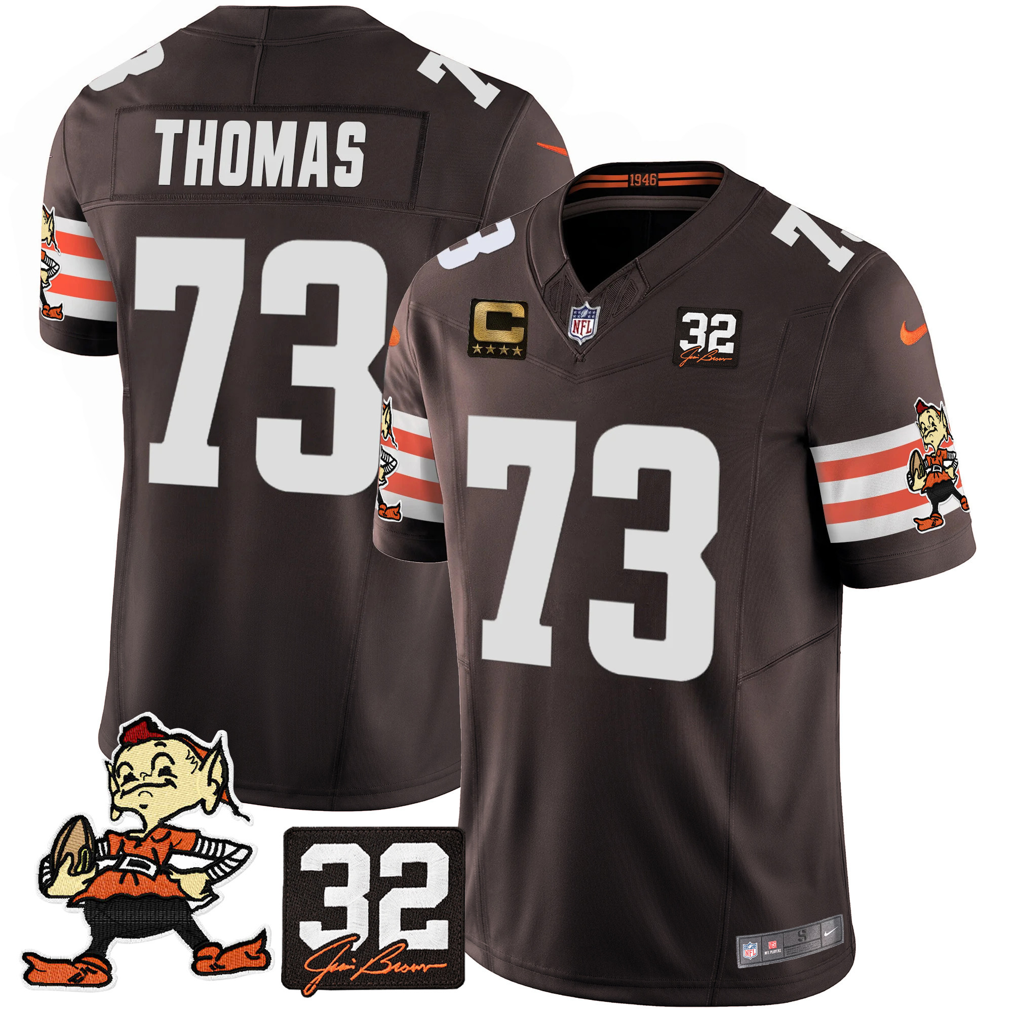 Men's Joe Thomas Cleveland Browns #32 Jim Brown Memorial Patch Vapor Limited Brown Jersey V2 - All Stitched