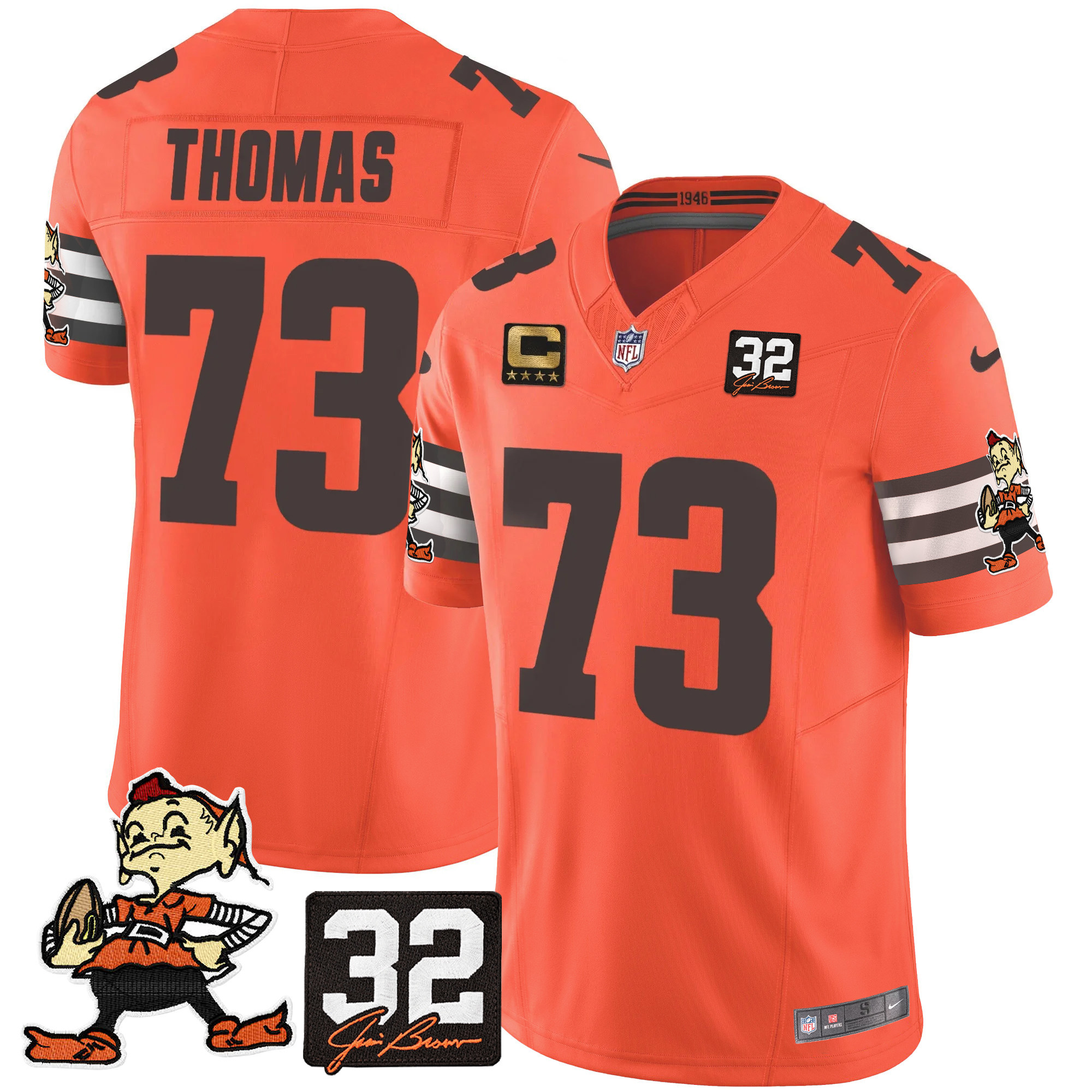 Men's Joe Thomas Cleveland Browns #32 Jim Brown Memorial Patch Vapor Limited Orange Jersey V2 - All Stitched
