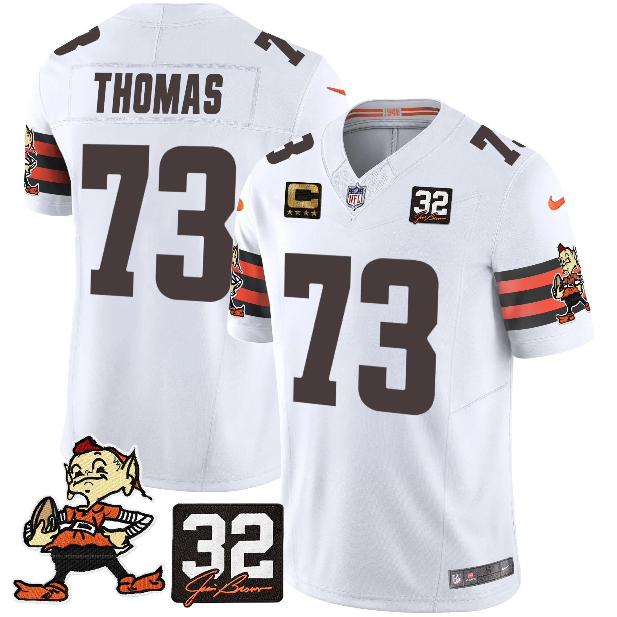 Men's Joe Thomas Cleveland Browns #32 Jim Brown Memorial Patch Vapor Limited White Jersey V2 - All Stitched