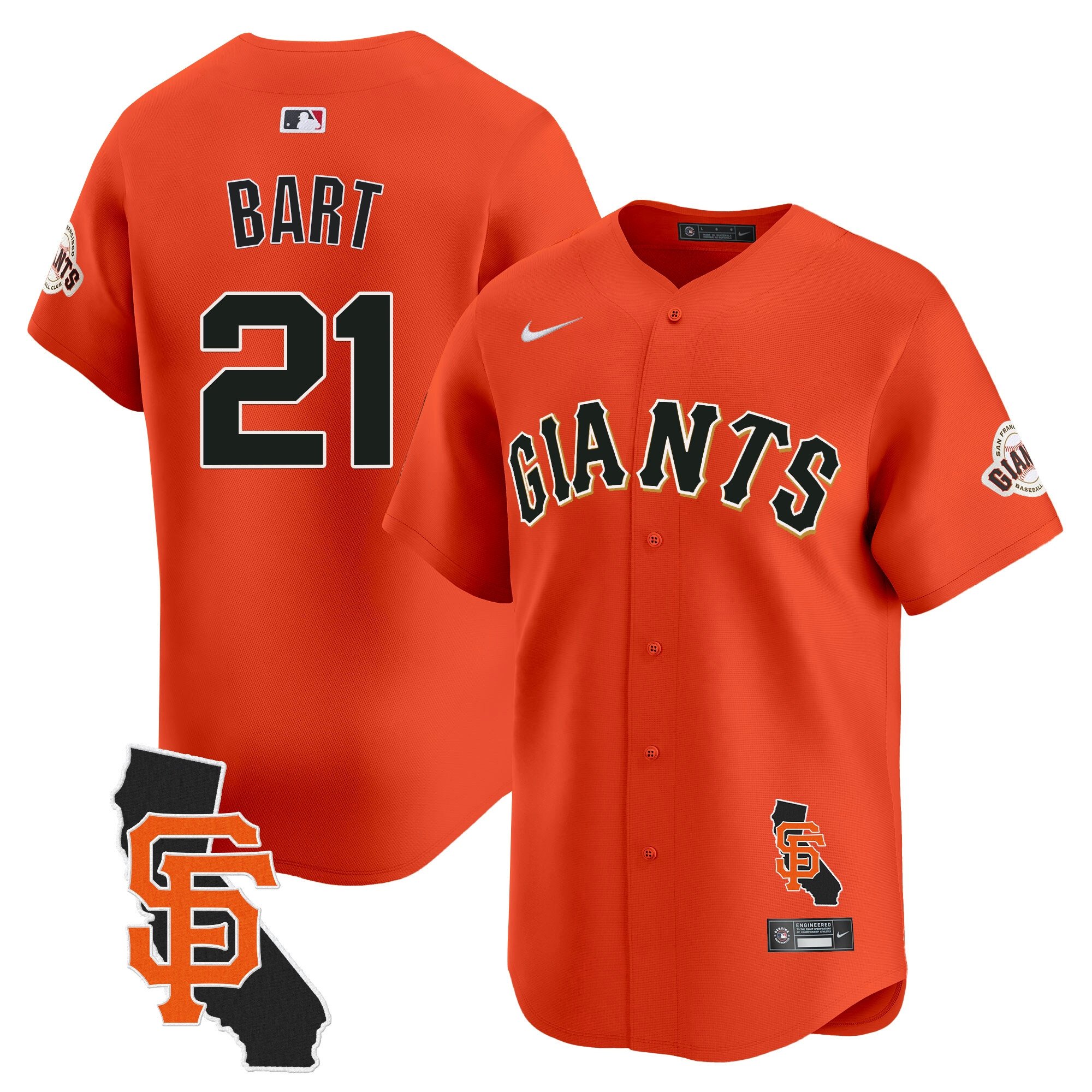 Men's Joey Bart San Francisco Giants California Patch Vapor Premier Limited Orange Jersey - All Stitched