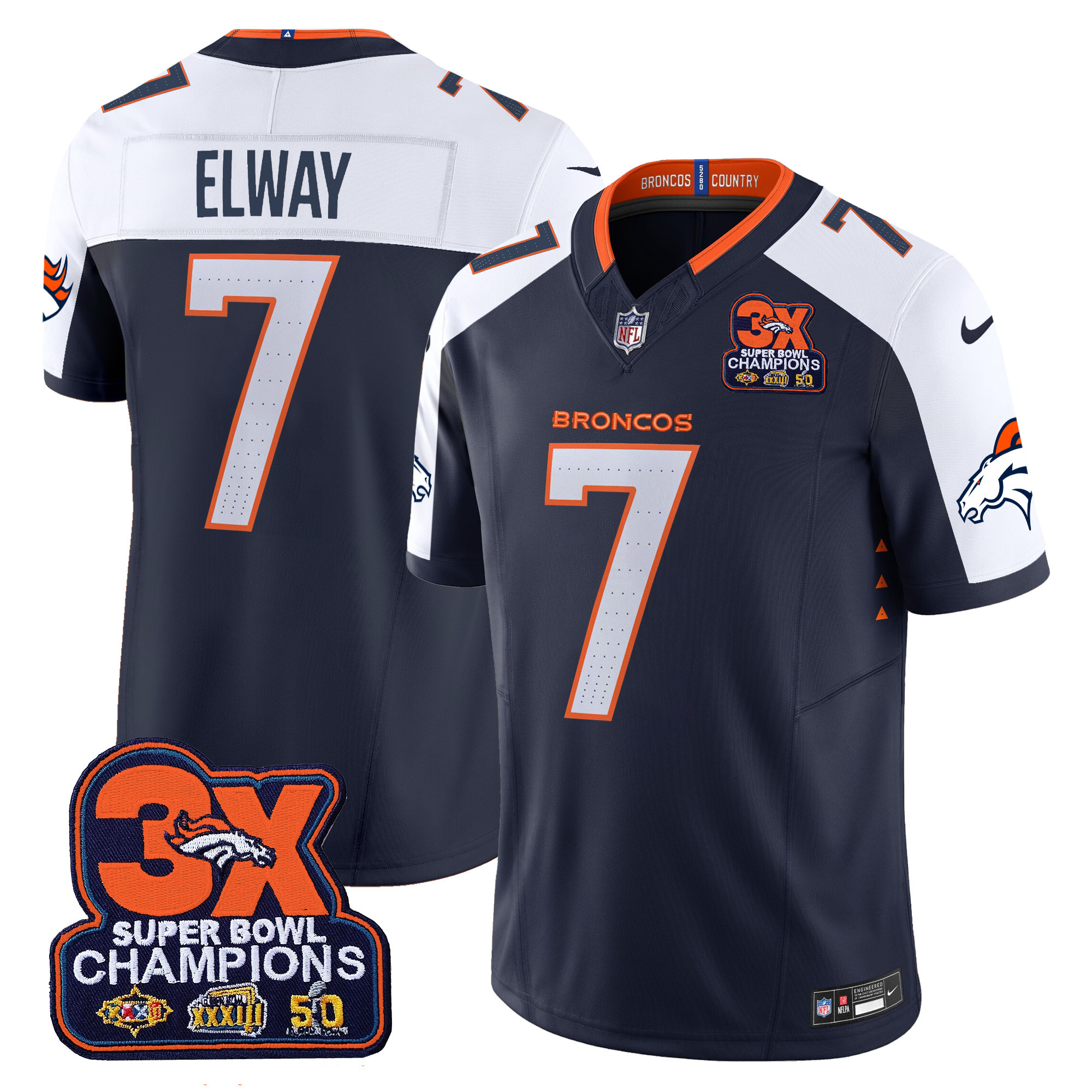 Men's John Elway Denver Broncos 3-Time Champions Patch Vapor Limited Navy Alternate Jersey - All Stitched