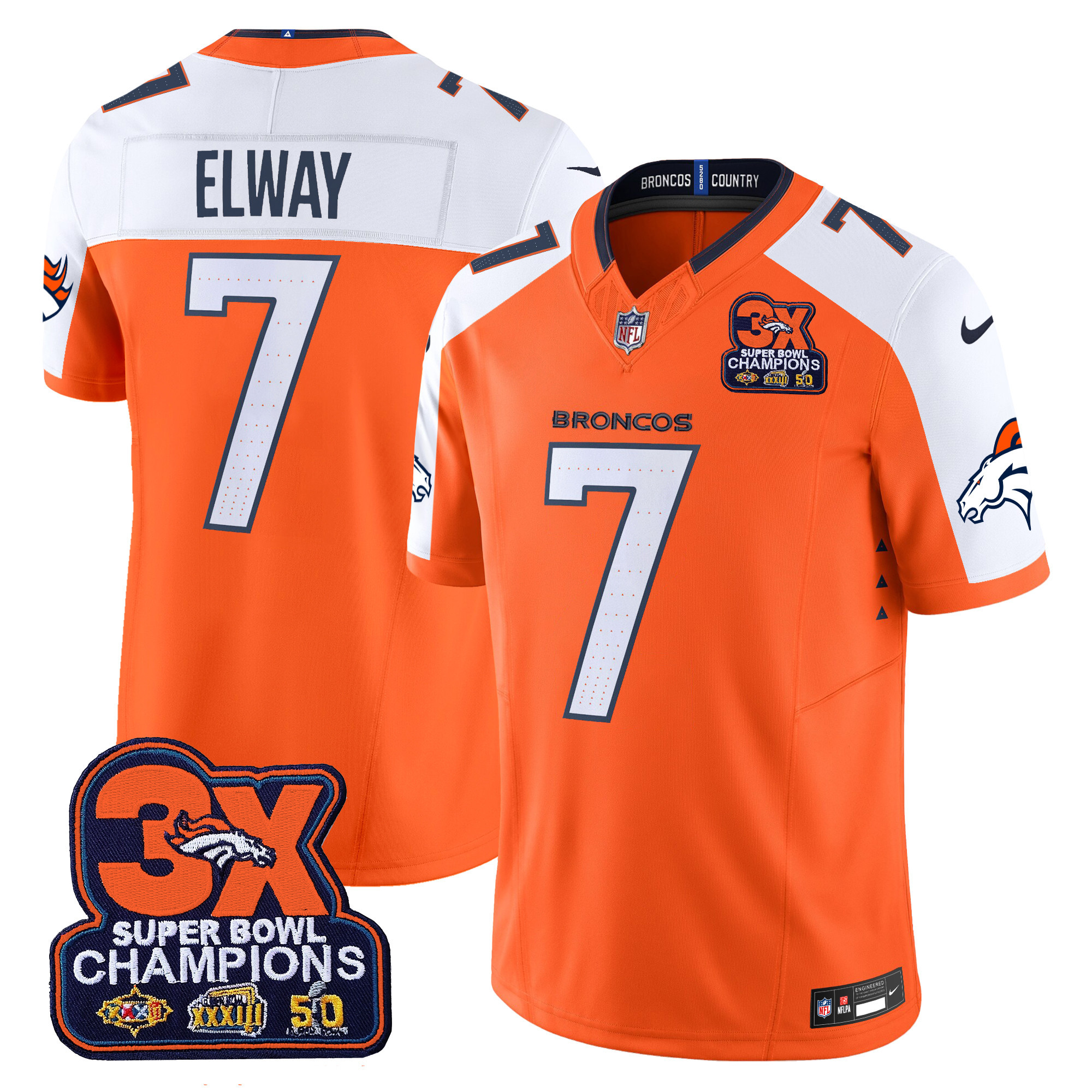 Men's John Elway Denver Broncos 3-Time Champions Patch Vapor Limited Orange Alternate Jersey - All Stitched