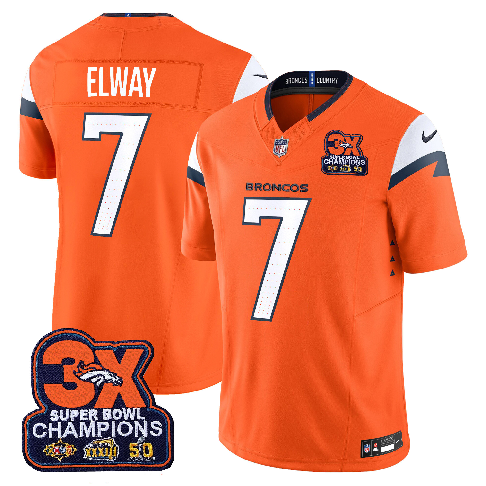 Men's John Elway Denver Broncos 3-Time Champions Patch Vapor Limited Orange Jersey - All Stitched