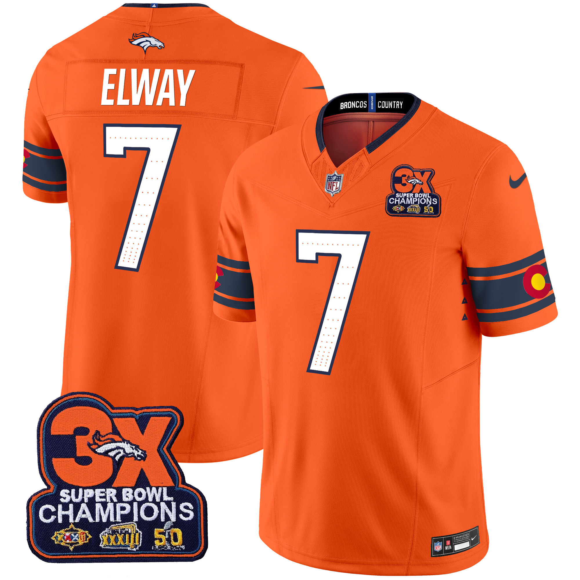 Men's John Elway Denver Broncos 3x Patch "Colorado Flag" Vapor Limited Orange Jersey - All Stitched