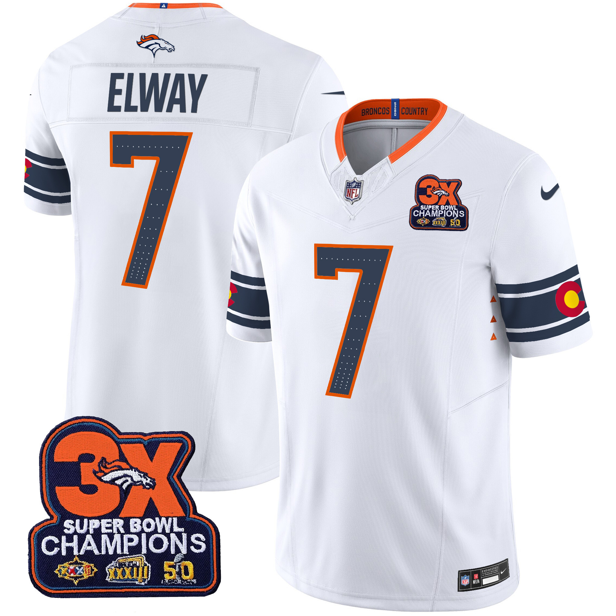 Men's John Elway Denver Broncos 3x Patch "Colorado Flag" Vapor Limited White Jersey - All Stitched