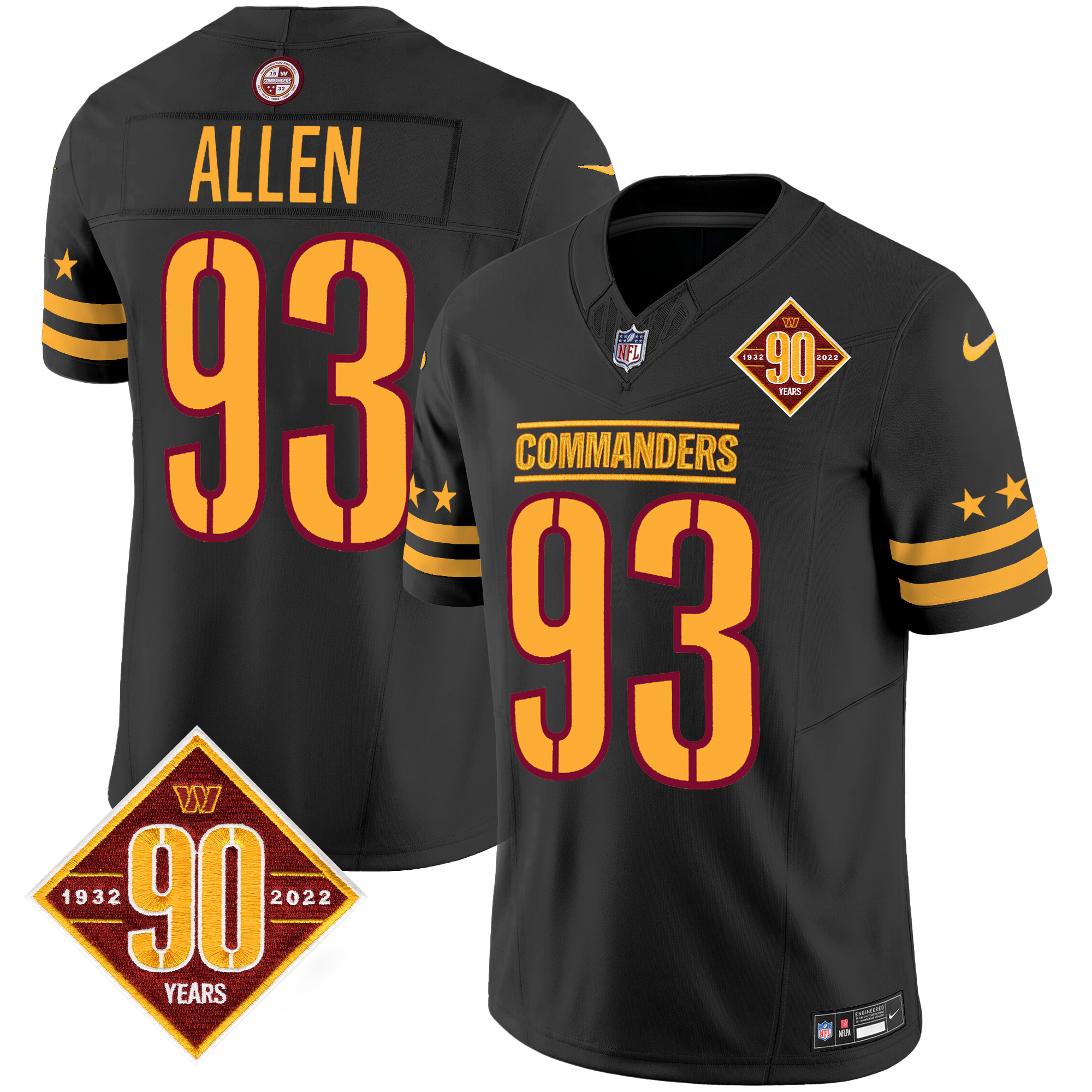 Men's Jonathan Allen Washington Commanders 90th Anniversary Patch Vapor Limited Black Jersey - All Stitched