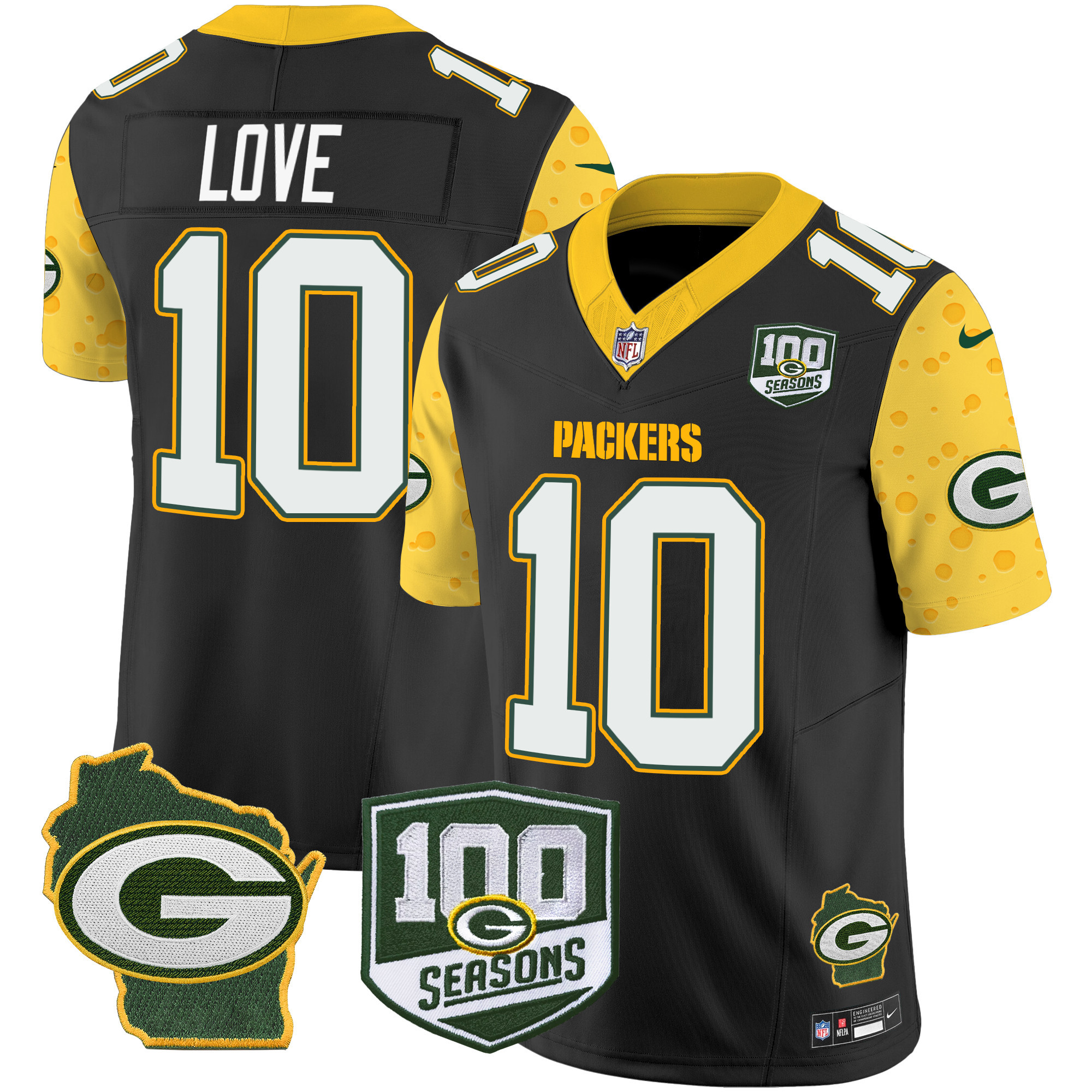 Men's Jordan Love Green Bay Packers 100th Season & Home Patch Cheese Vapor Limited Black Jersey â€“ All Stitched