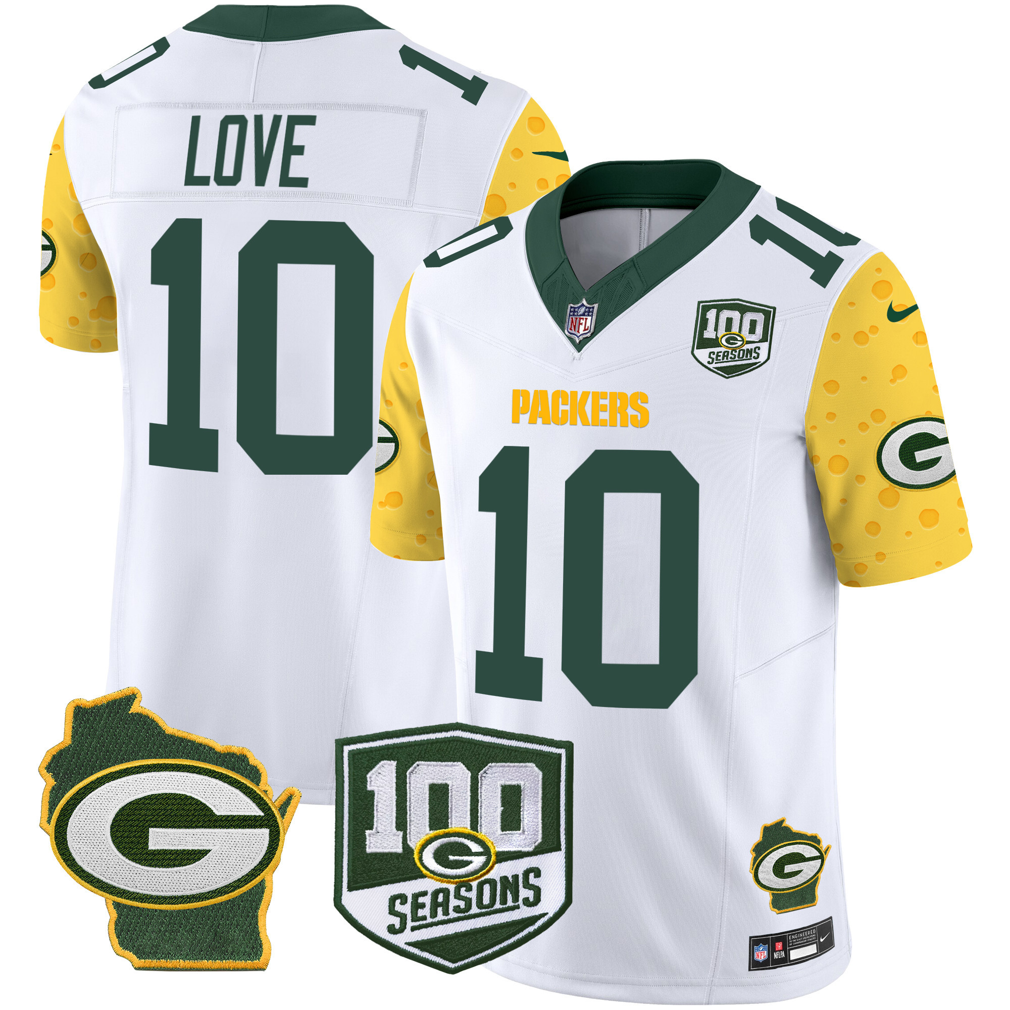 Men's Jordan Love Green Bay Packers 100th Season & Home Patch Cheese Vapor Limited White Jersey â€“ All Stitched