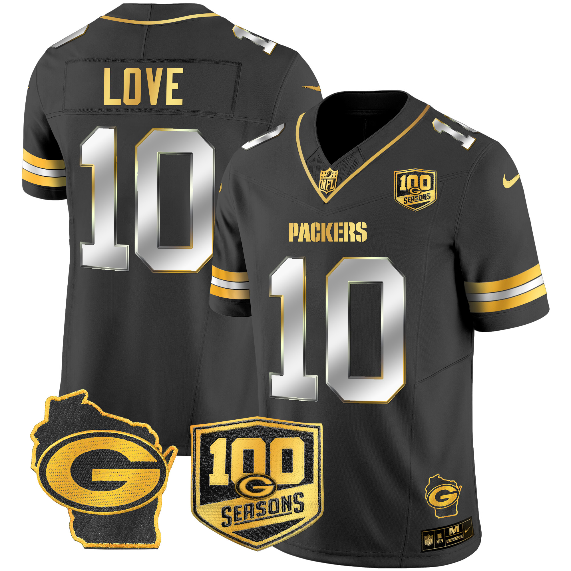 Men's Jordan Love Green Bay Packers 100th Season & Home Patch Gold Vapor Limited Black Limited Jersey â€“ All Stitched