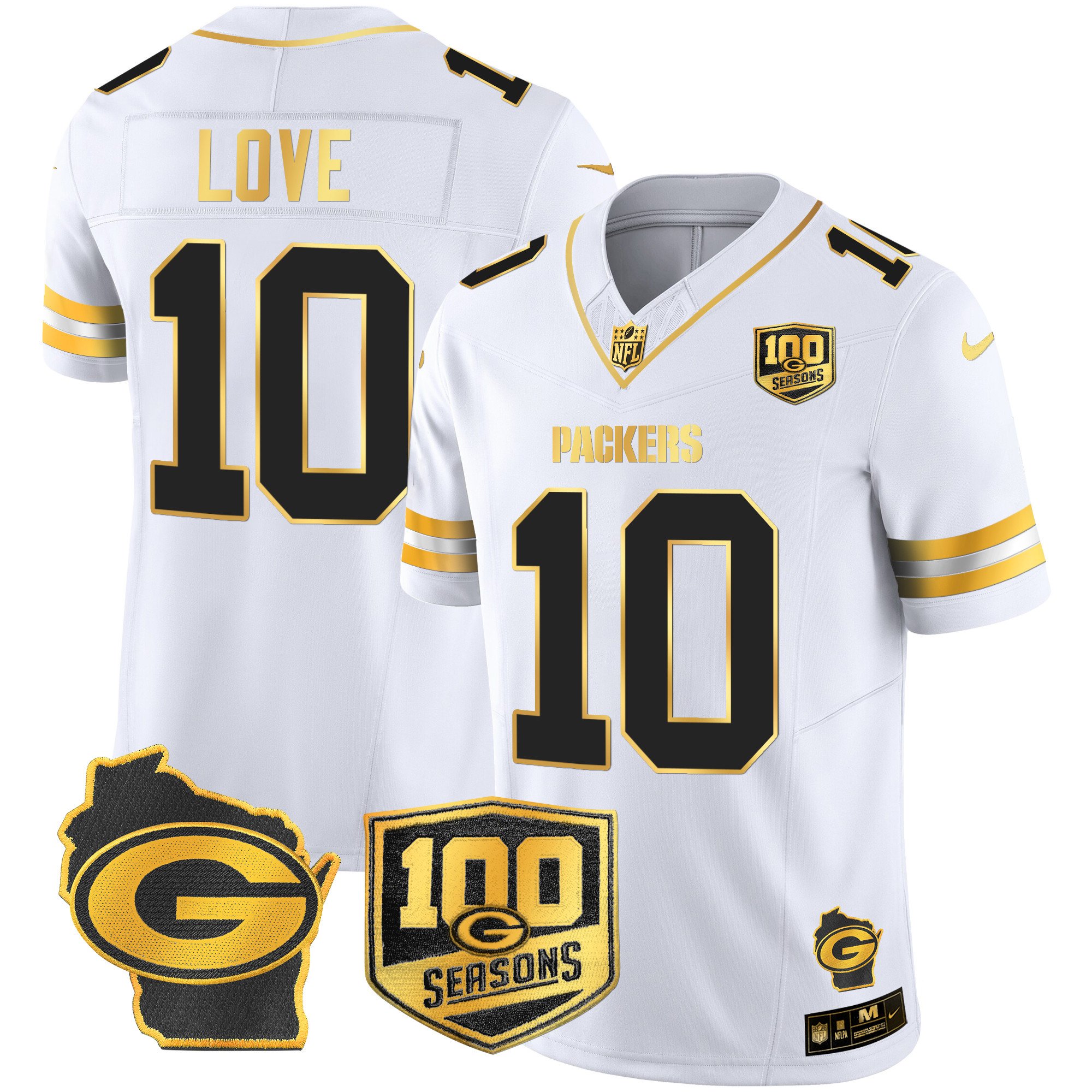 Men's Jordan Love Green Bay Packers 100th Season & Home Patch Gold Vapor Limited White Gold Jersey â€“ All Stitched