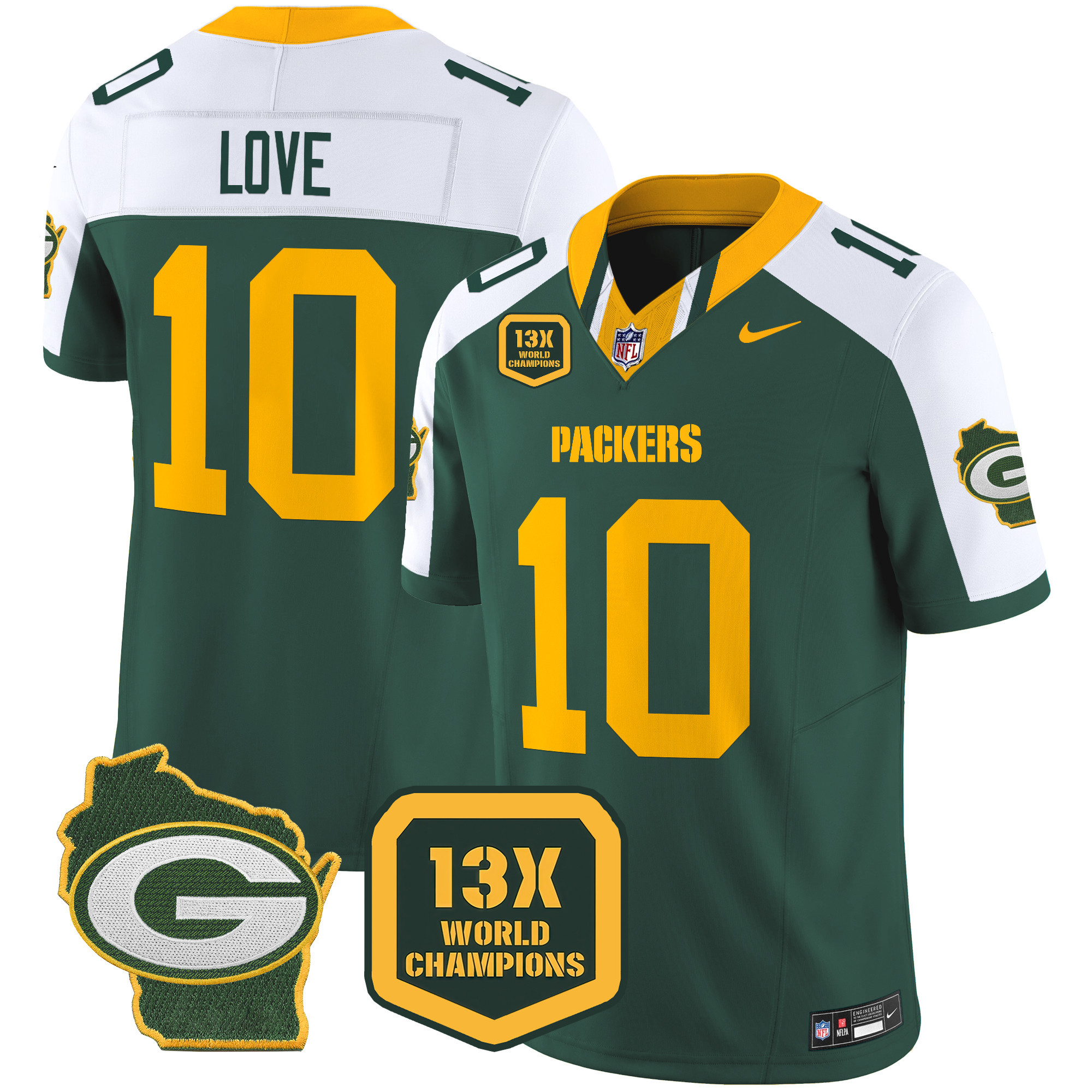Men's Jordan Love Green Bay Packers 13 Time World Champions & Home Patch Vapor Limited Alternate Jersey â€“ All Stitched