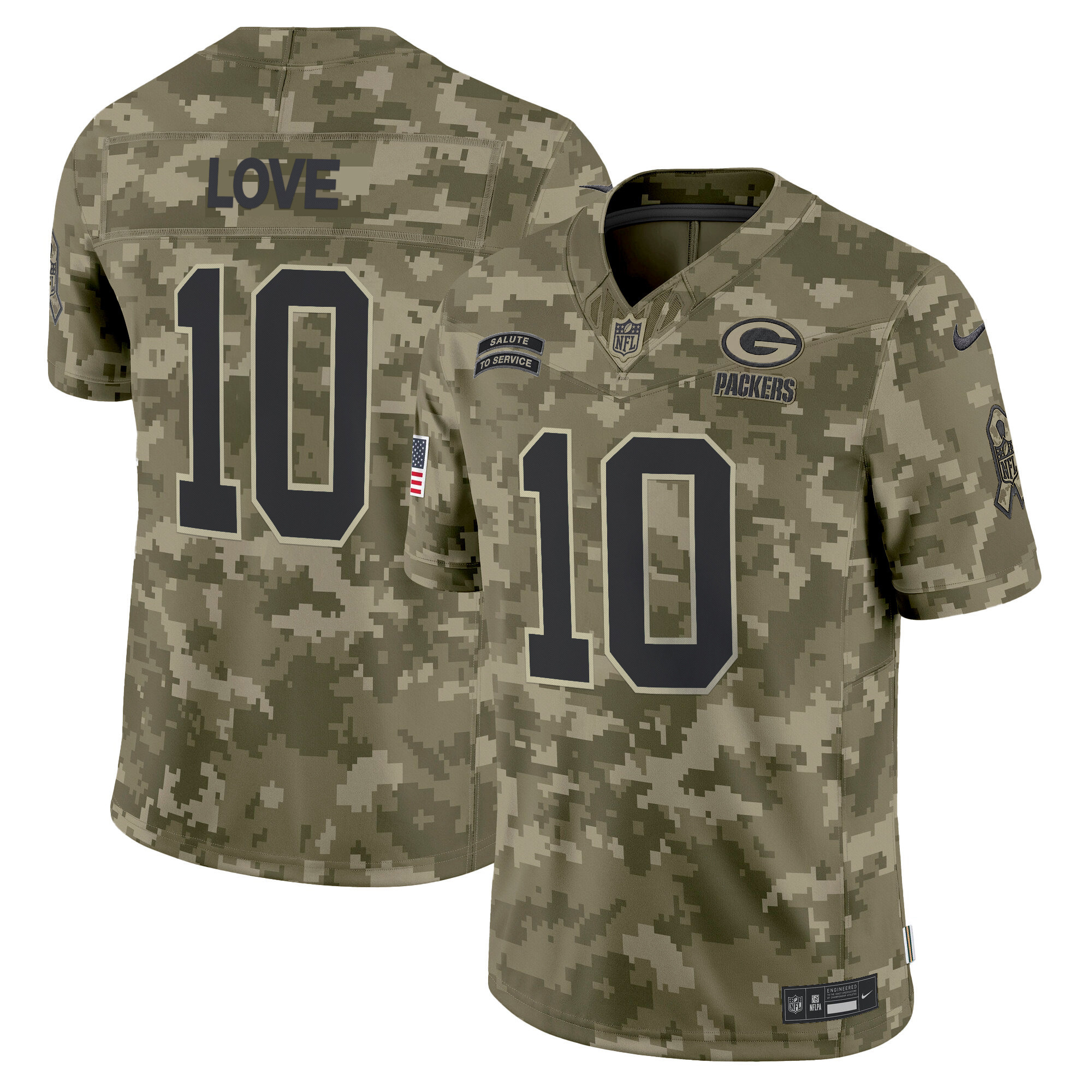 Men's Jordan Love Green Bay Packers 2024 Salute to Service Vapor Limited Olive Camo Jersey - All Stitched