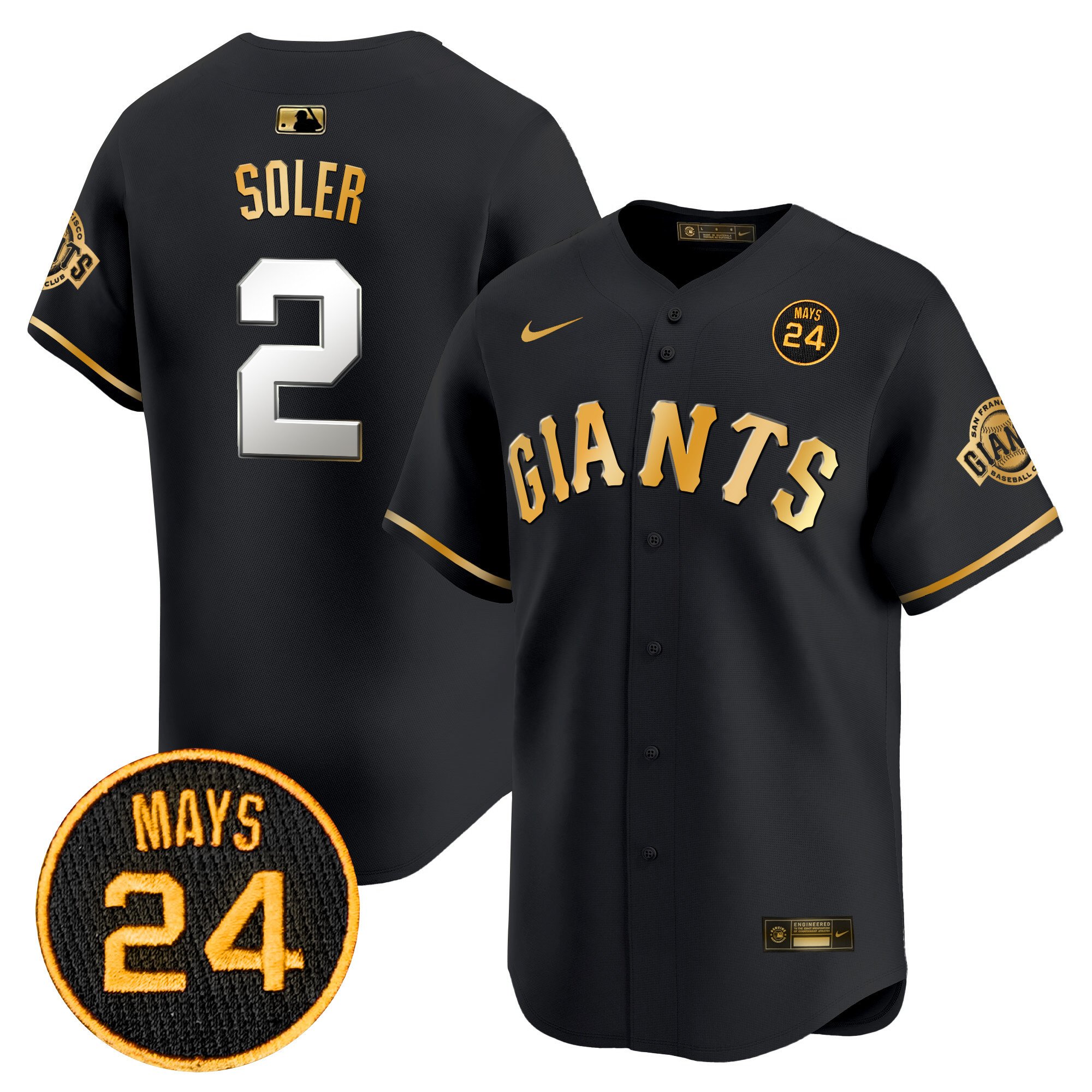 Men's Jorge Soler San Francisco Giants 2024 Willie Mays Patch Vapor Premier Limited Black Gold Jersey V3 - All Stitched