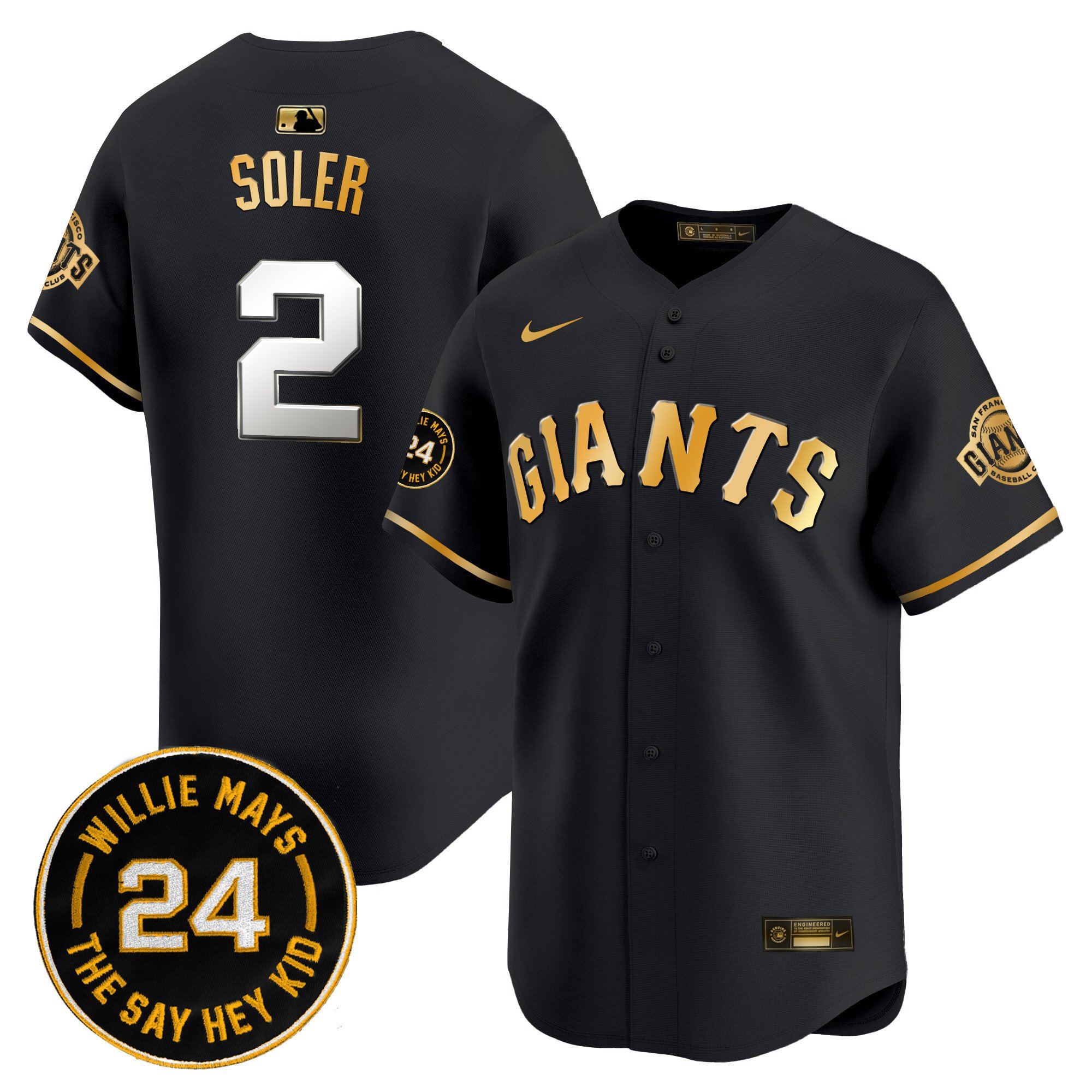 Men's Jorge Soler San Francisco Giants 2024 Willie Mays Patch Vapor Premier Limited Black Gold Jersey V6 - All Stitched