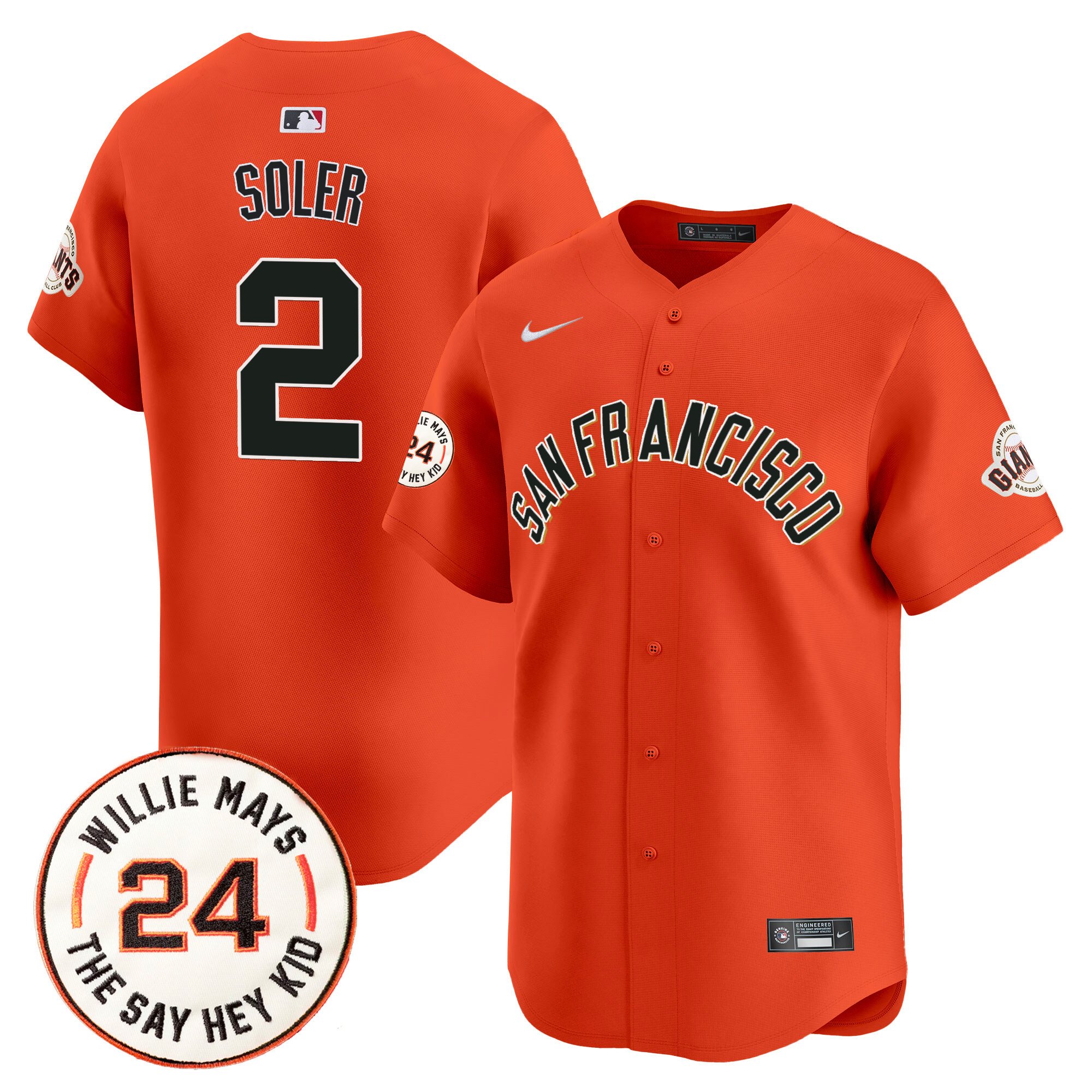 Men's Jorge Soler San Francisco Giants 2024 Willie Mays Patch Vapor Premier Limited Orange Jersey V5 - All Stitched