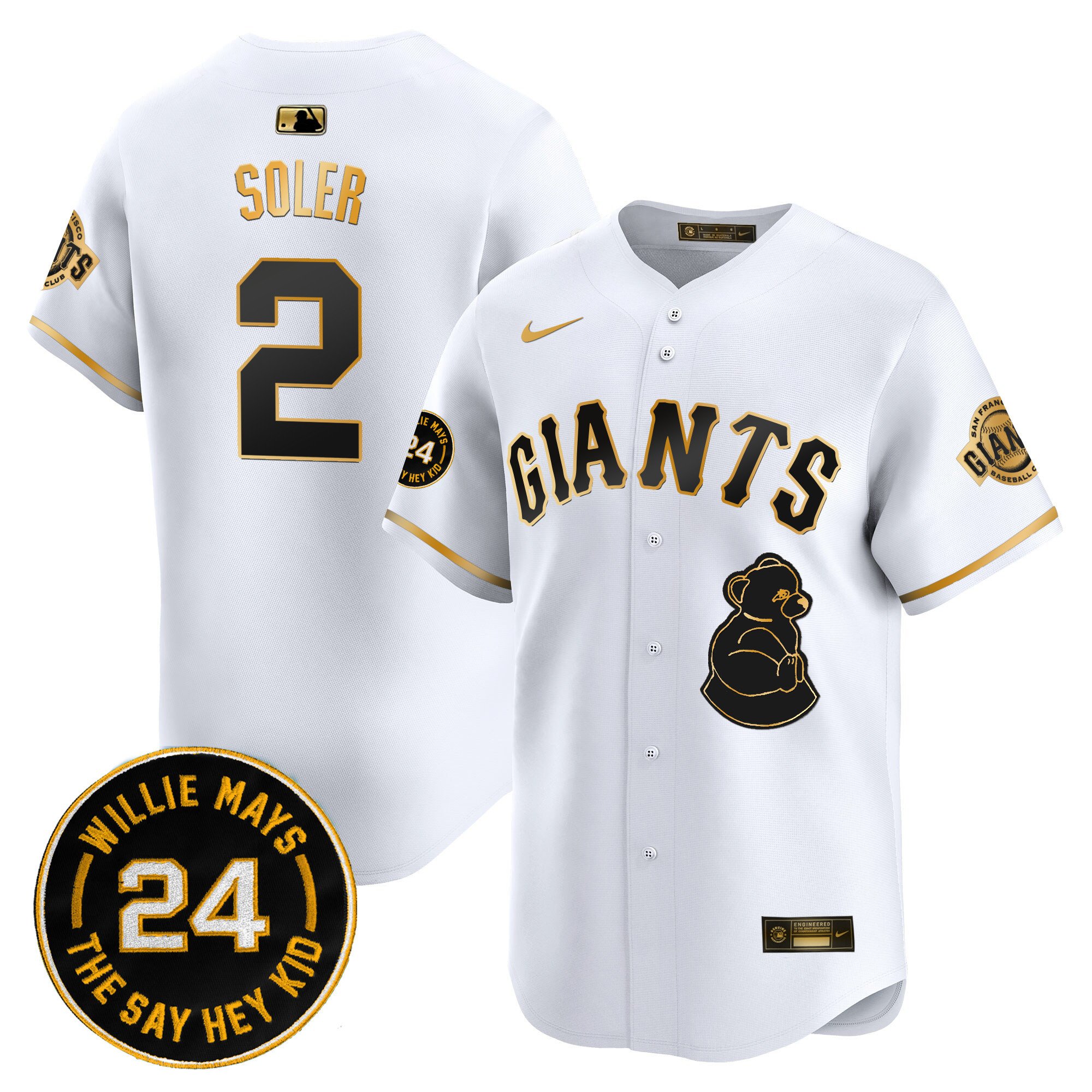 Men's Jorge Soler San Francisco Giants 2024 Willie Mays Patch Vapor Premier Limited White Gold Jersey V4 - All Stitched