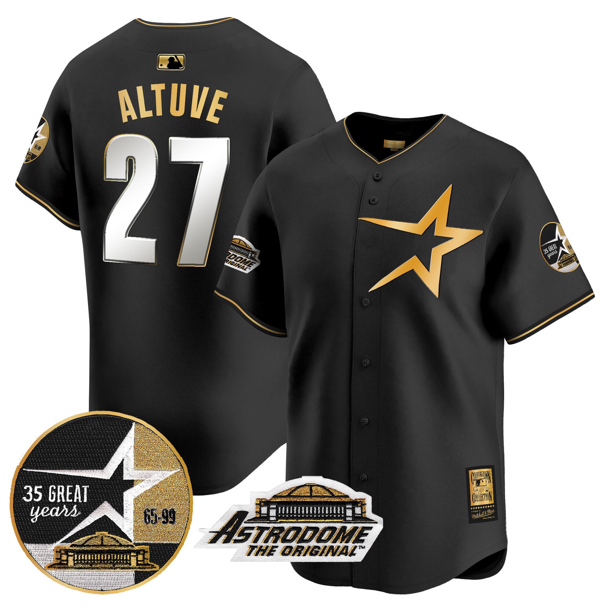 Men's JosÃˆ Altuve Houston Astros 1999 Throwback 35th & Astrodome Patch Vapor Premier Limited Black Gold Jersey - All Stitched