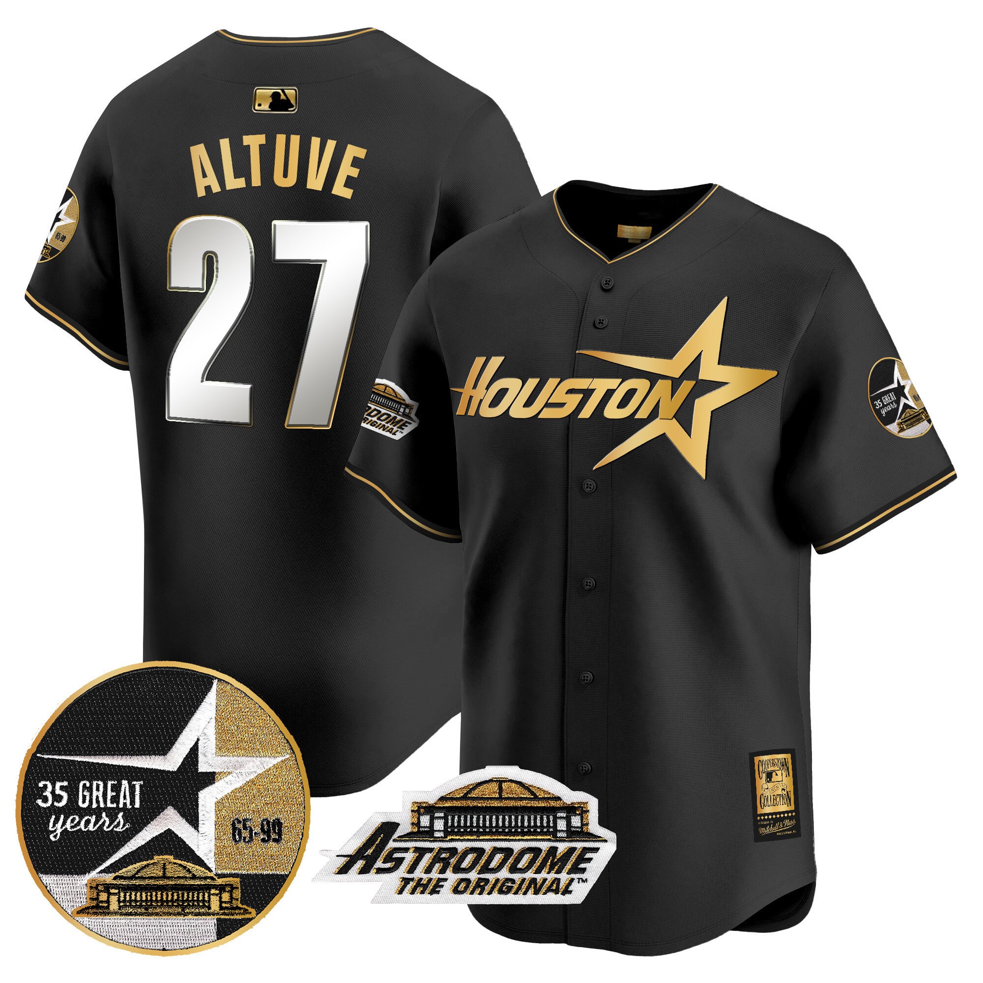 Men's JosÃˆ Altuve Houston Astros 1999 Throwback 35th & Astrodome Patch Vapor Premier Limited Black Gold Jersey V2 - All Stitched