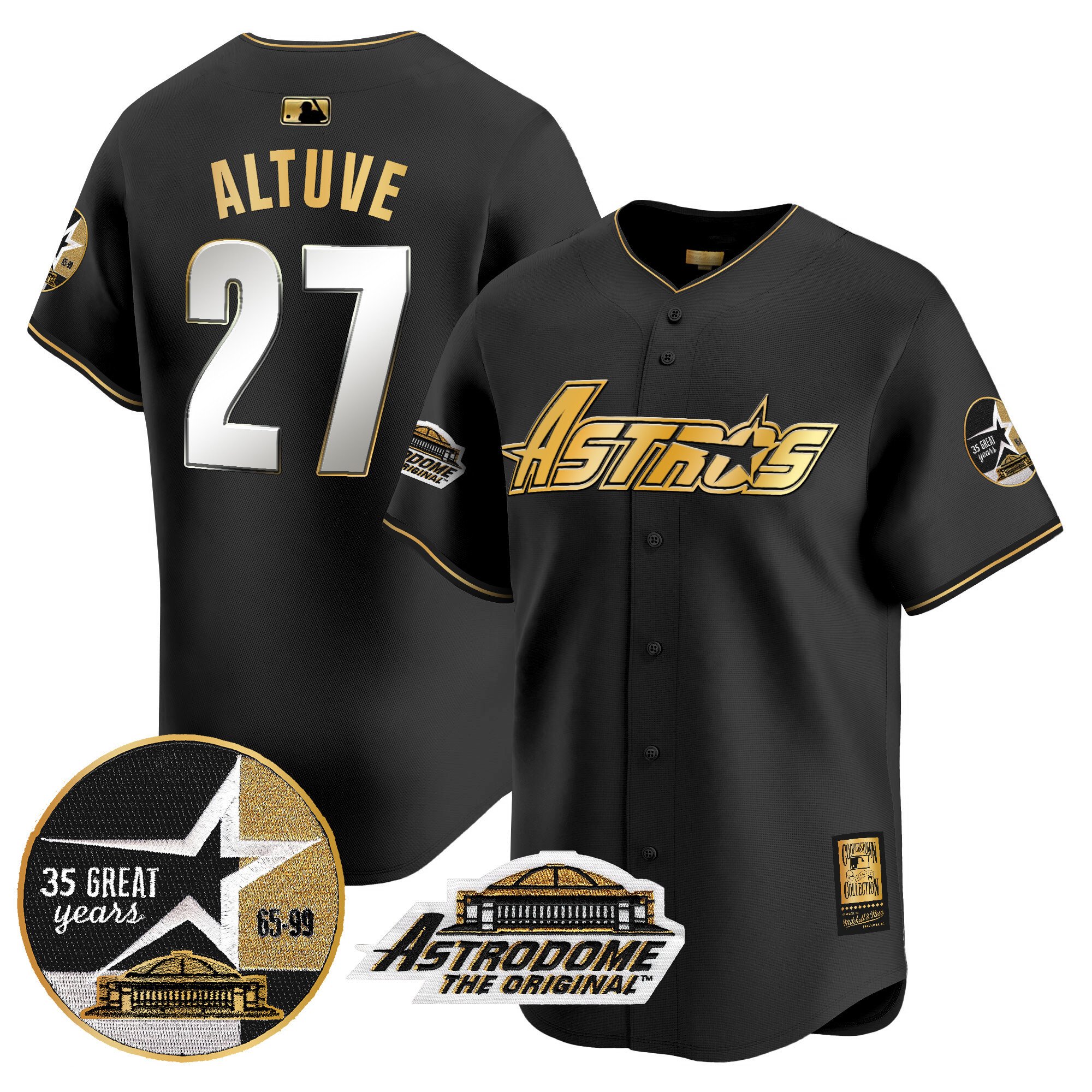 Men's JosÃˆ Altuve Houston Astros 1999 Throwback 35th & Astrodome Patch Vapor Premier Limited Black Gold Jersey V3 - All Stitched