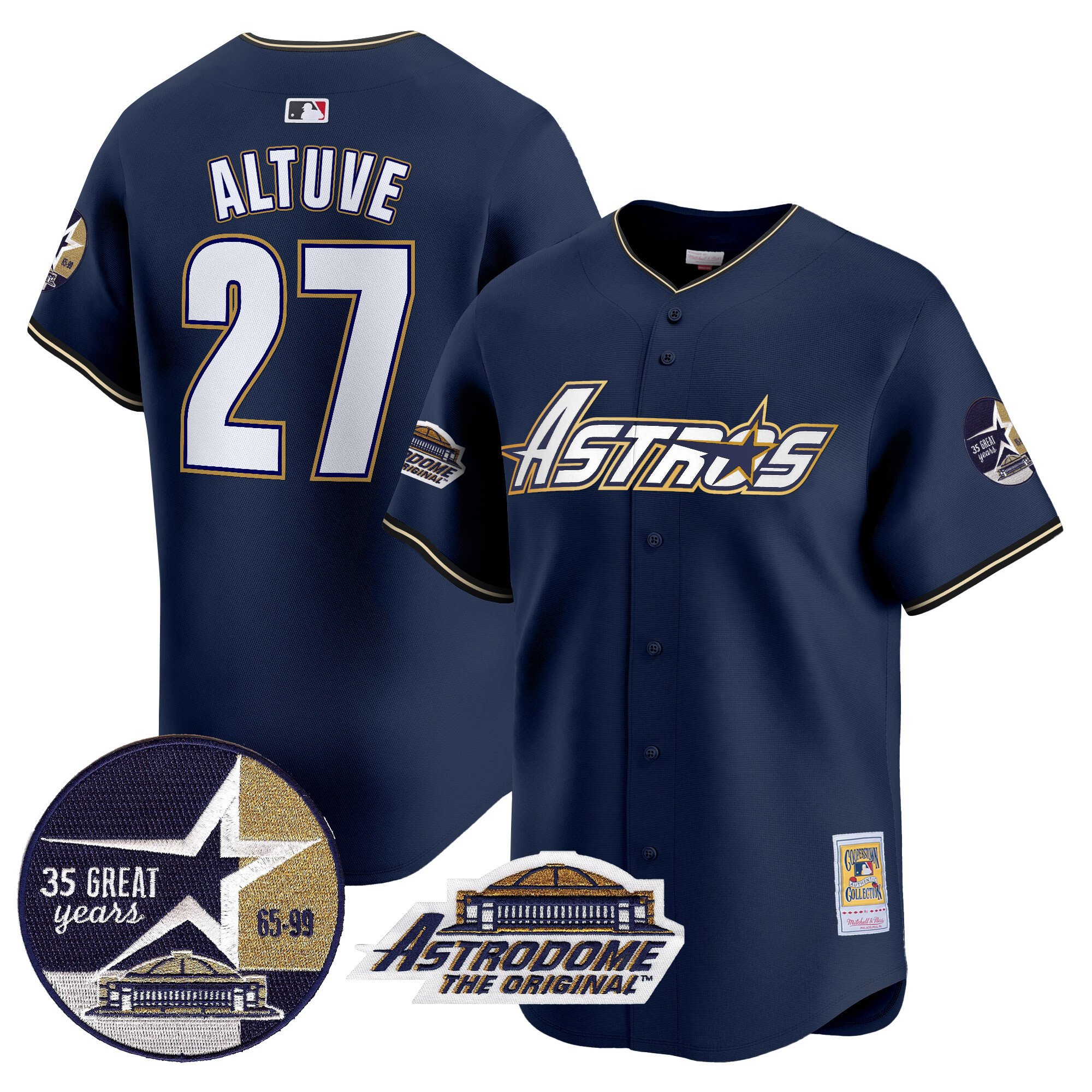 Men's JosÃˆ Altuve Houston Astros 1999 Throwback 35th & Astrodome Patch Vapor Premier Limited Navy Jersey V3 - All Stitched
