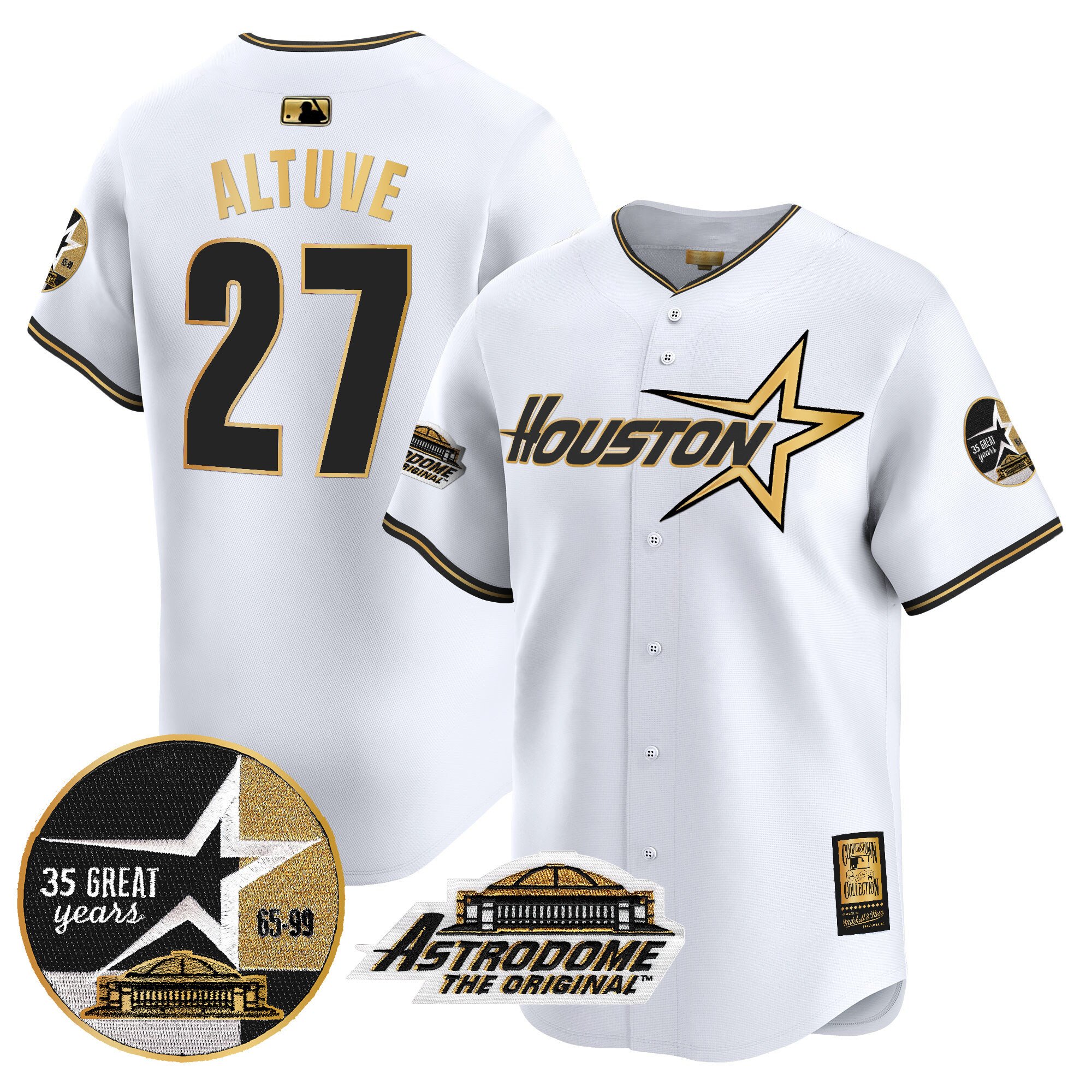 Men's JosÃˆ Altuve Houston Astros 1999 Throwback 35th & Astrodome Patch Vapor Premier Limited White Gold Jersey V2 - All Stitched