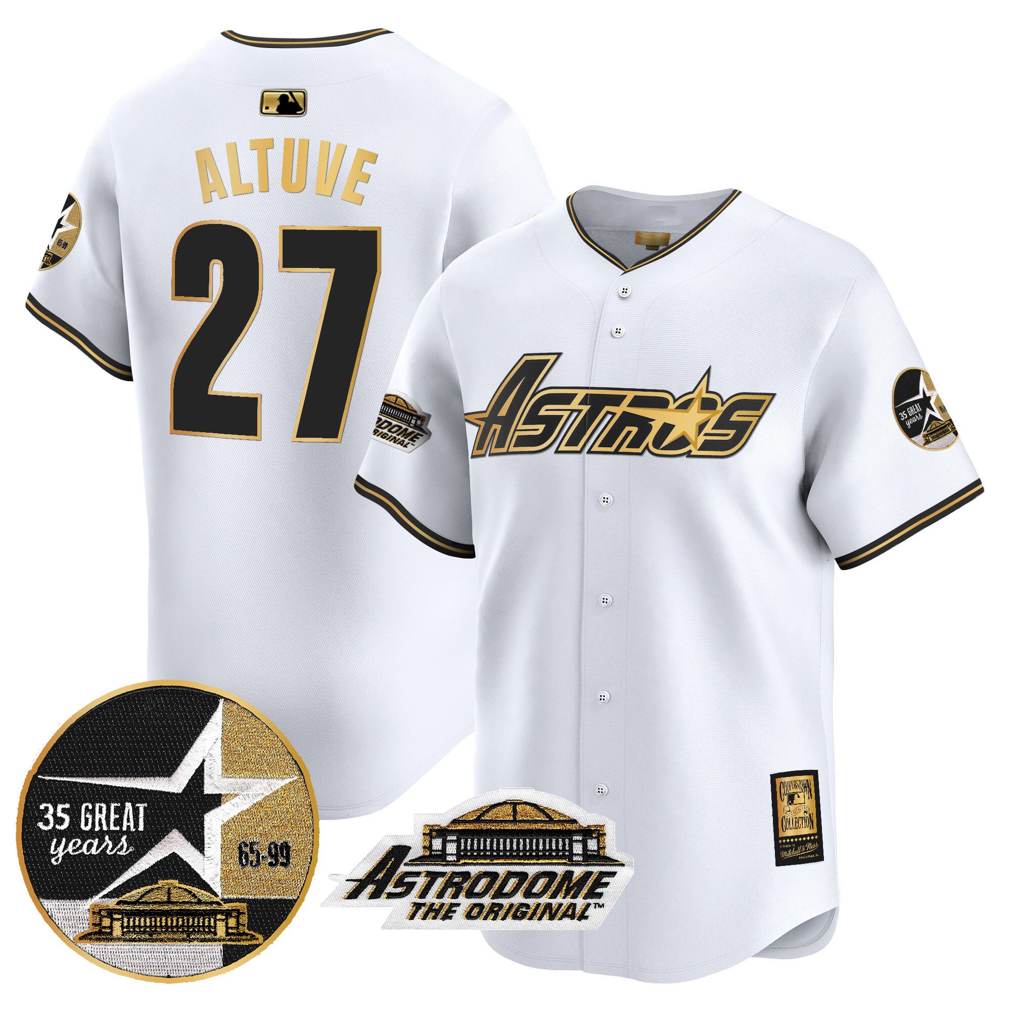 Men's JosÃˆ Altuve Houston Astros 1999 Throwback 35th & Astrodome Patch Vapor Premier Limited White Gold Jersey V3 - All Stitched