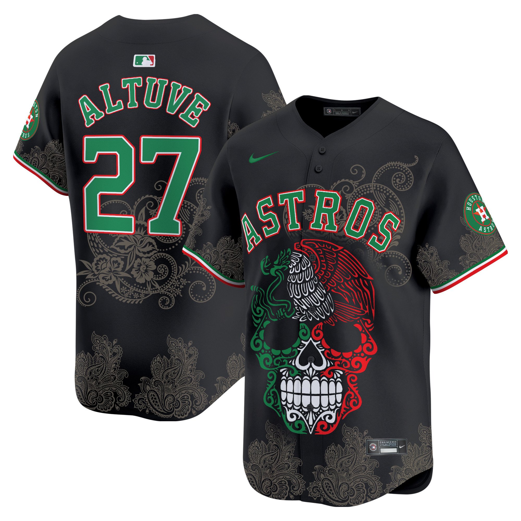 Men's JosÃˆ Altuve Houston Astros Aztec Warrior Skull Vapor Limited Black Jersey - Printed