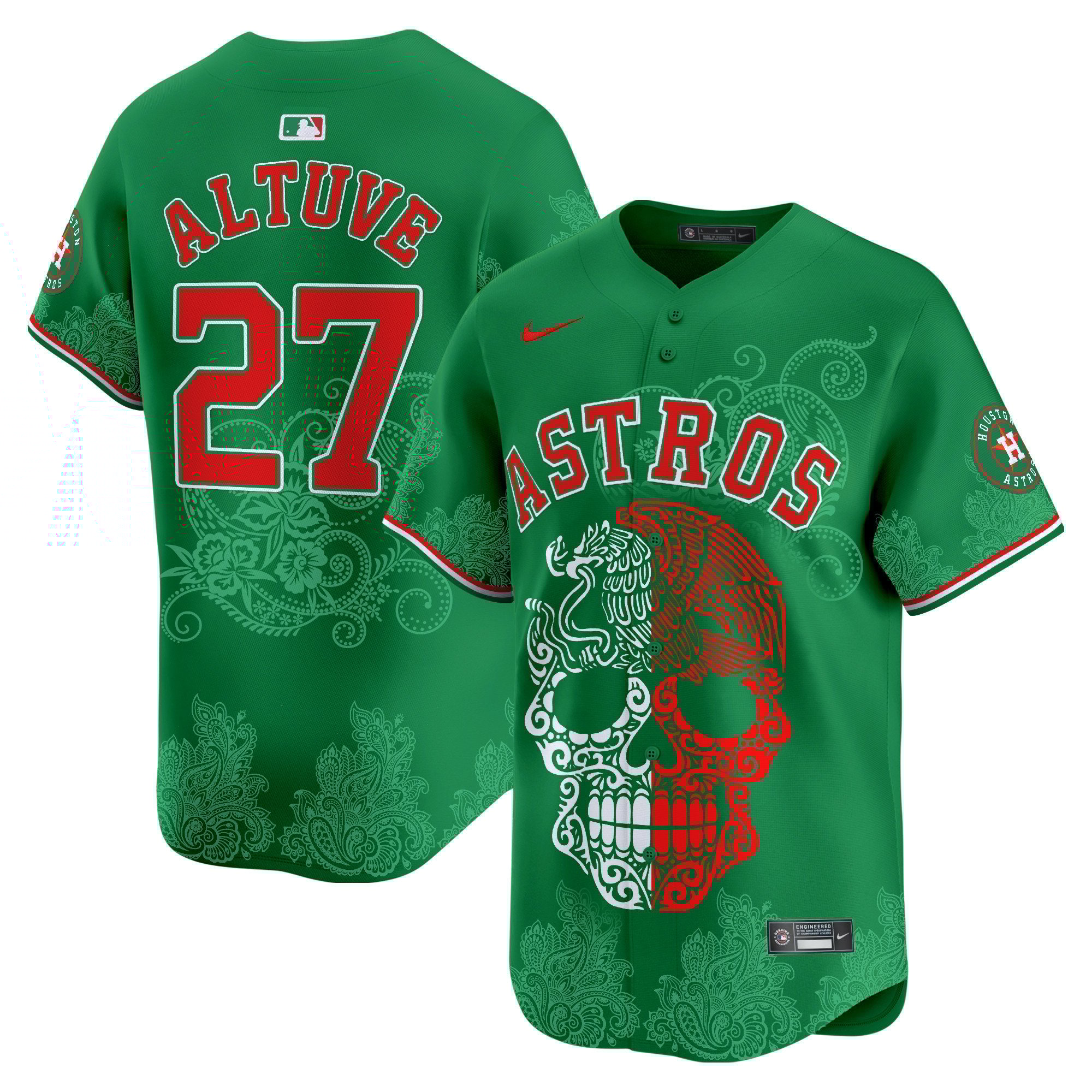 Men's JosÃˆ Altuve Houston Astros Aztec Warrior Skull Vapor Limited Green Jersey - Printed